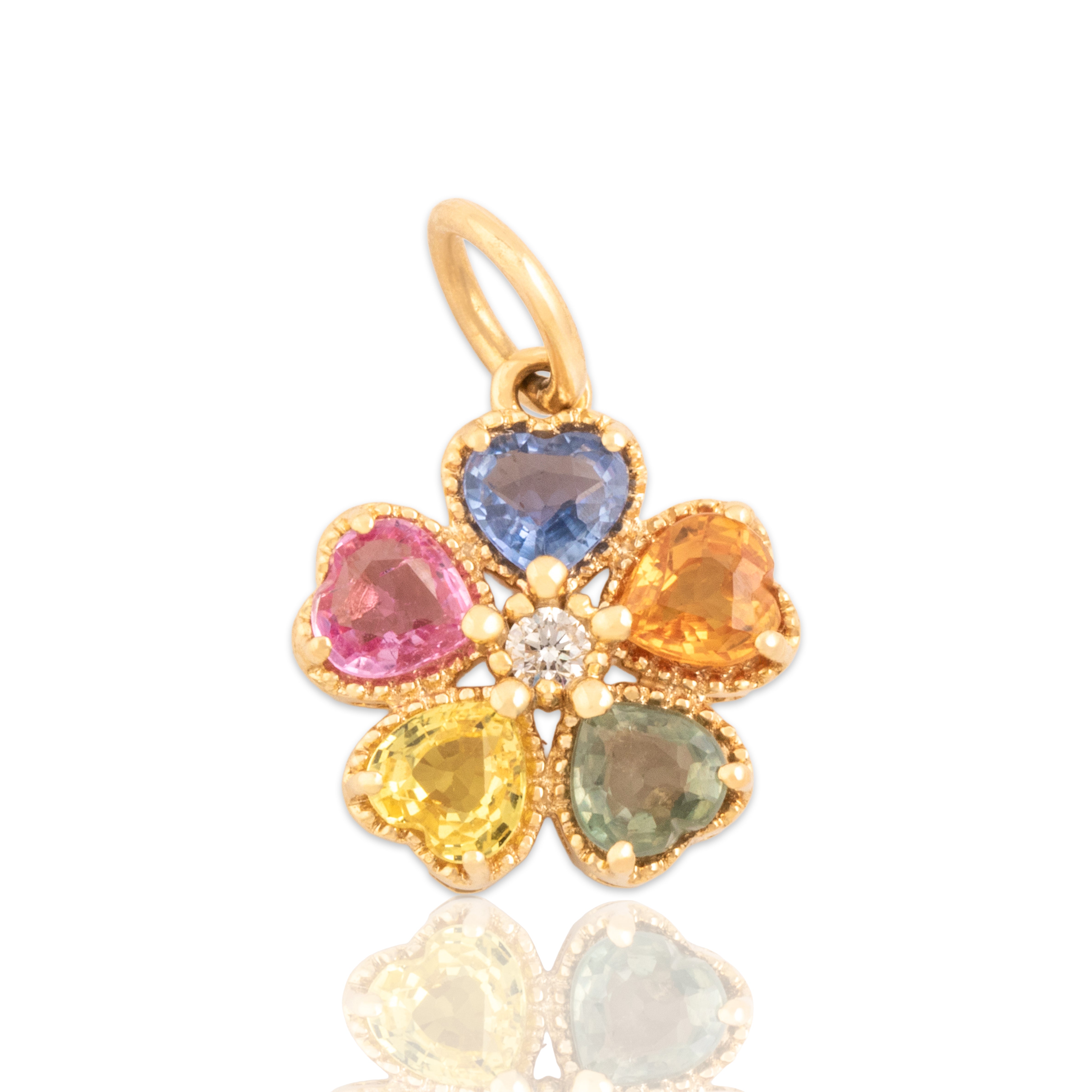 Vintage 14k Yellow Gold .98cttw Orange Green Yellow Pink Blue Sapphire Diamond Milgrain Rainbow Flower Charm / Pendant - Close-up view