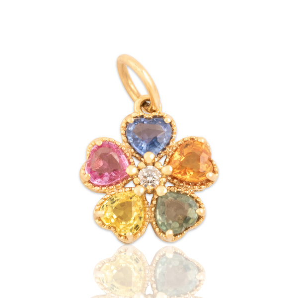 Vintage 14k Yellow Gold .98cttw Orange Green Yellow Pink Blue Sapphire Diamond Milgrain Rainbow Flower Charm / Pendant - Close-up view
