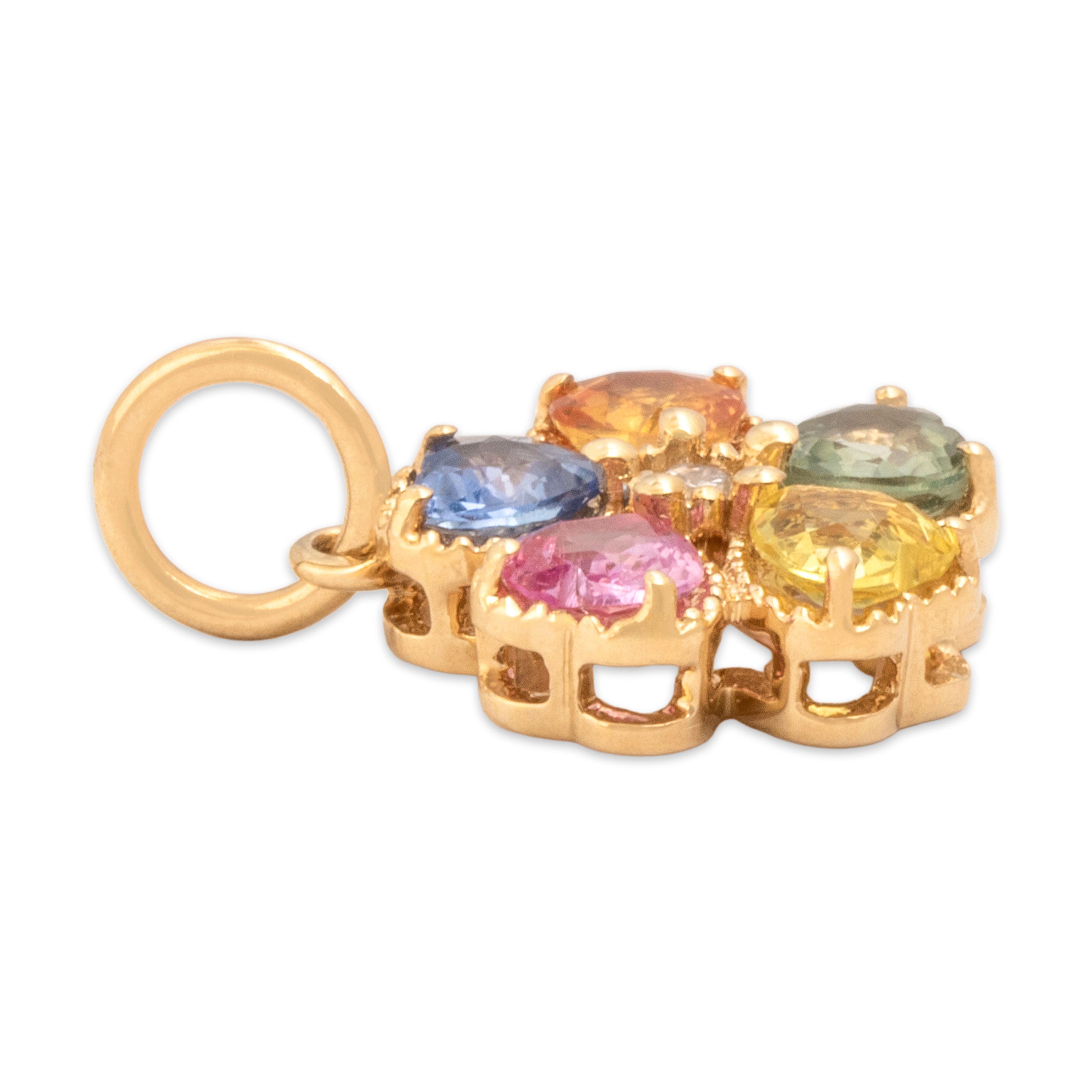 Vintage 14k Yellow Gold .98cttw Orange Green Yellow Pink Blue Sapphire Diamond Milgrain Rainbow Flower Charm / Pendant - Side view