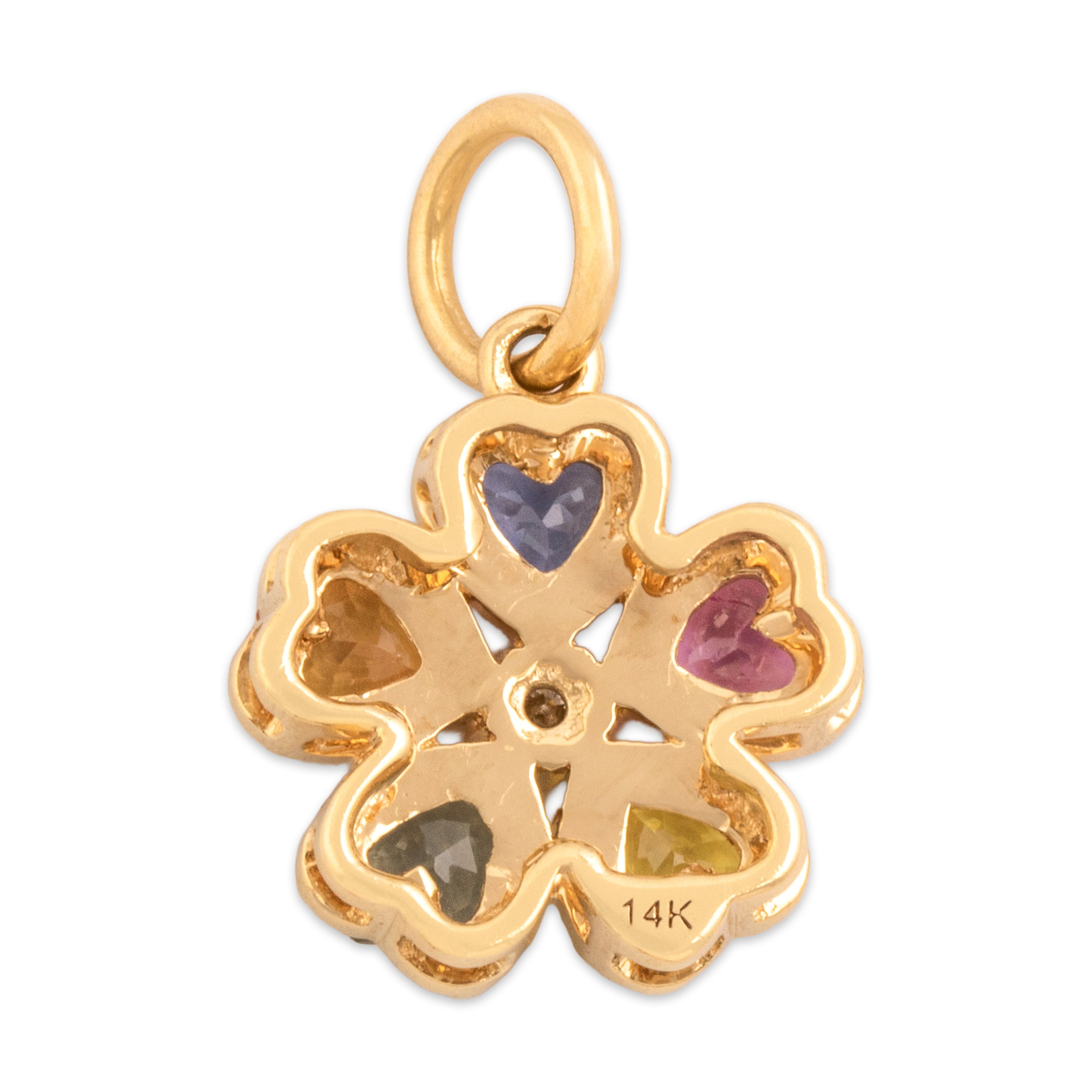 Vintage 14k Yellow Gold .98cttw Orange Green Yellow Pink Blue Sapphire Diamond Milgrain Rainbow Flower Charm / Pendant - Back view