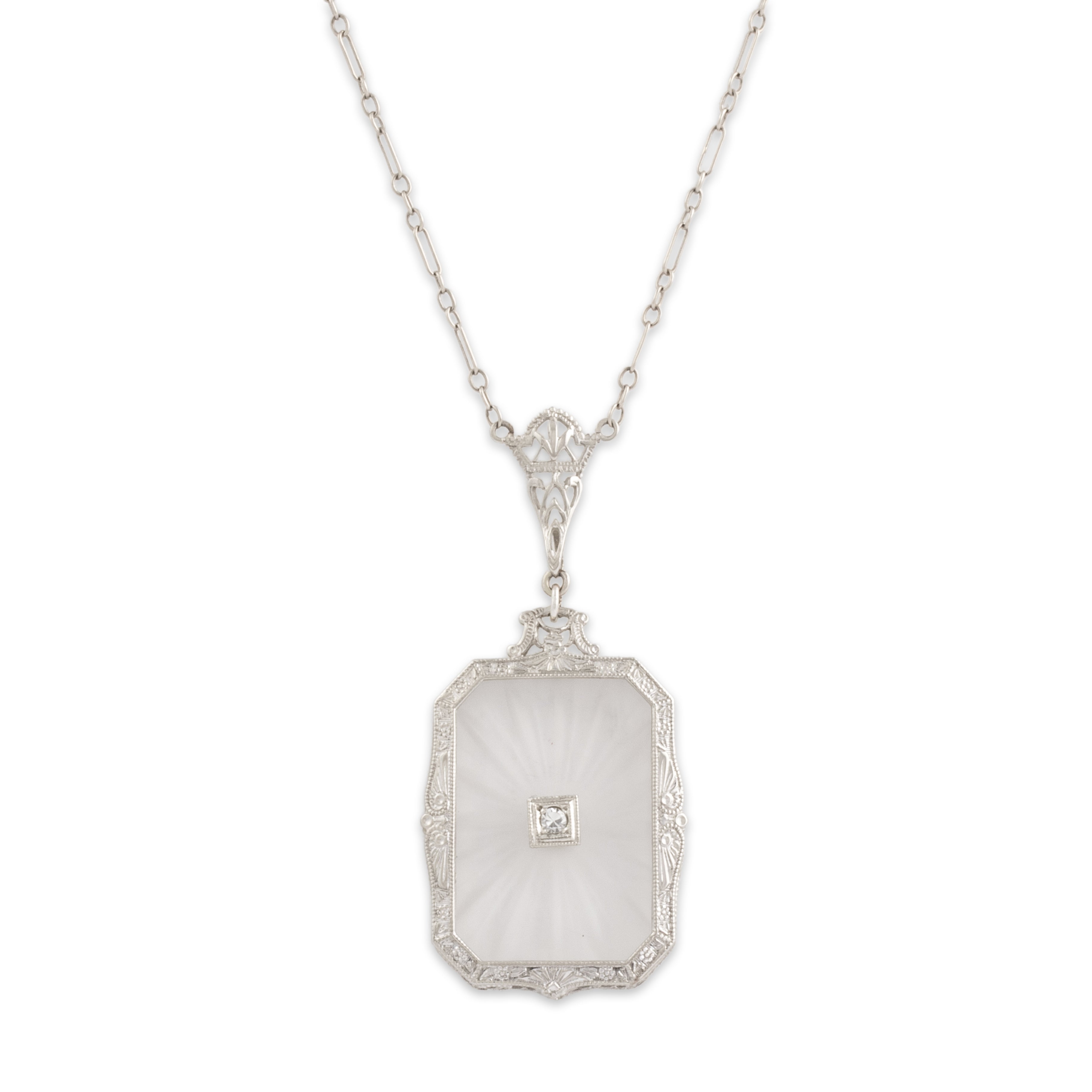 Antique Art Deco 14k White Gold Camphor Glass Diamond Striking Ornate Framed Necklace - detail view #2