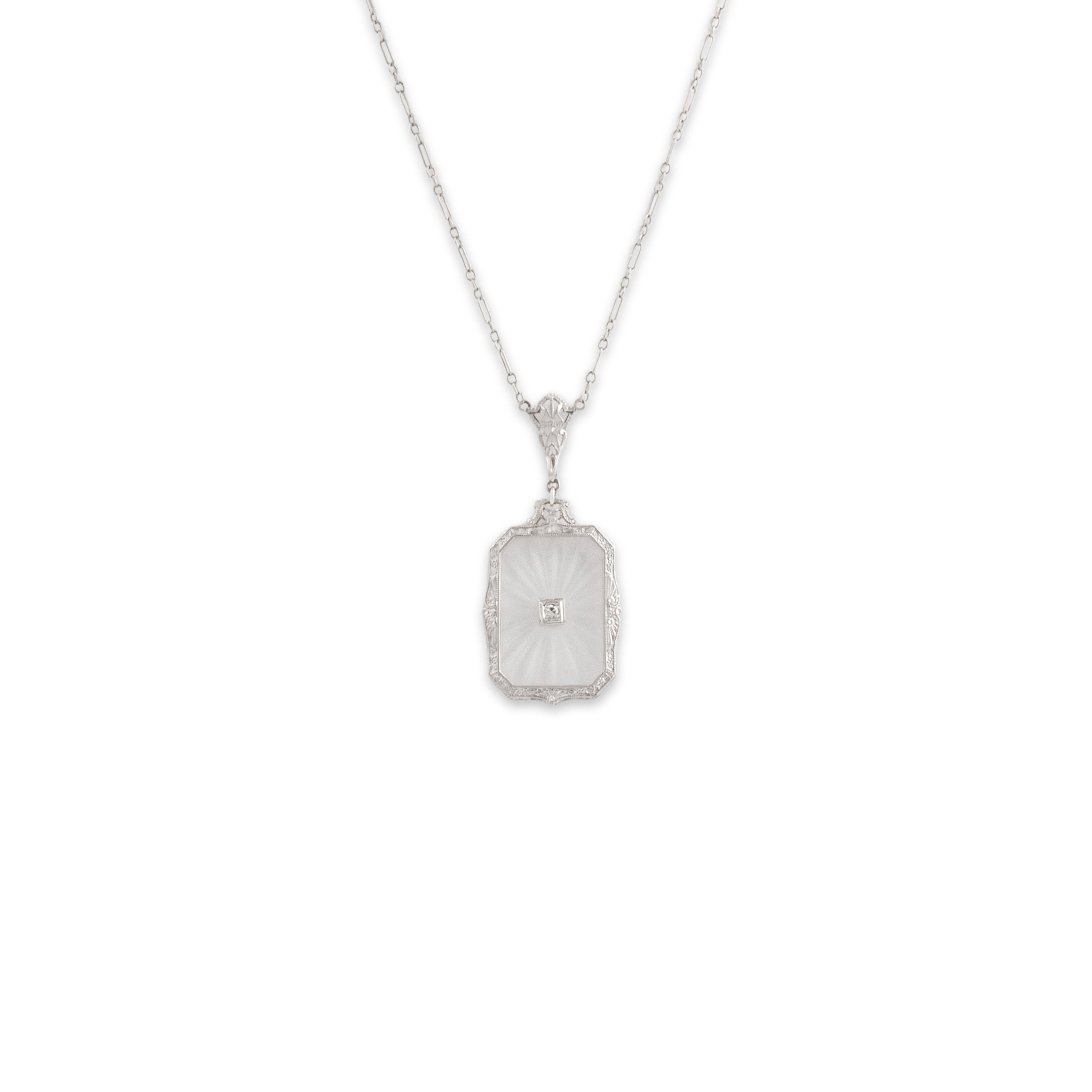 Antique Art Deco 14k White Gold Camphor Glass Diamond Ornate Framed Necklace 16.5