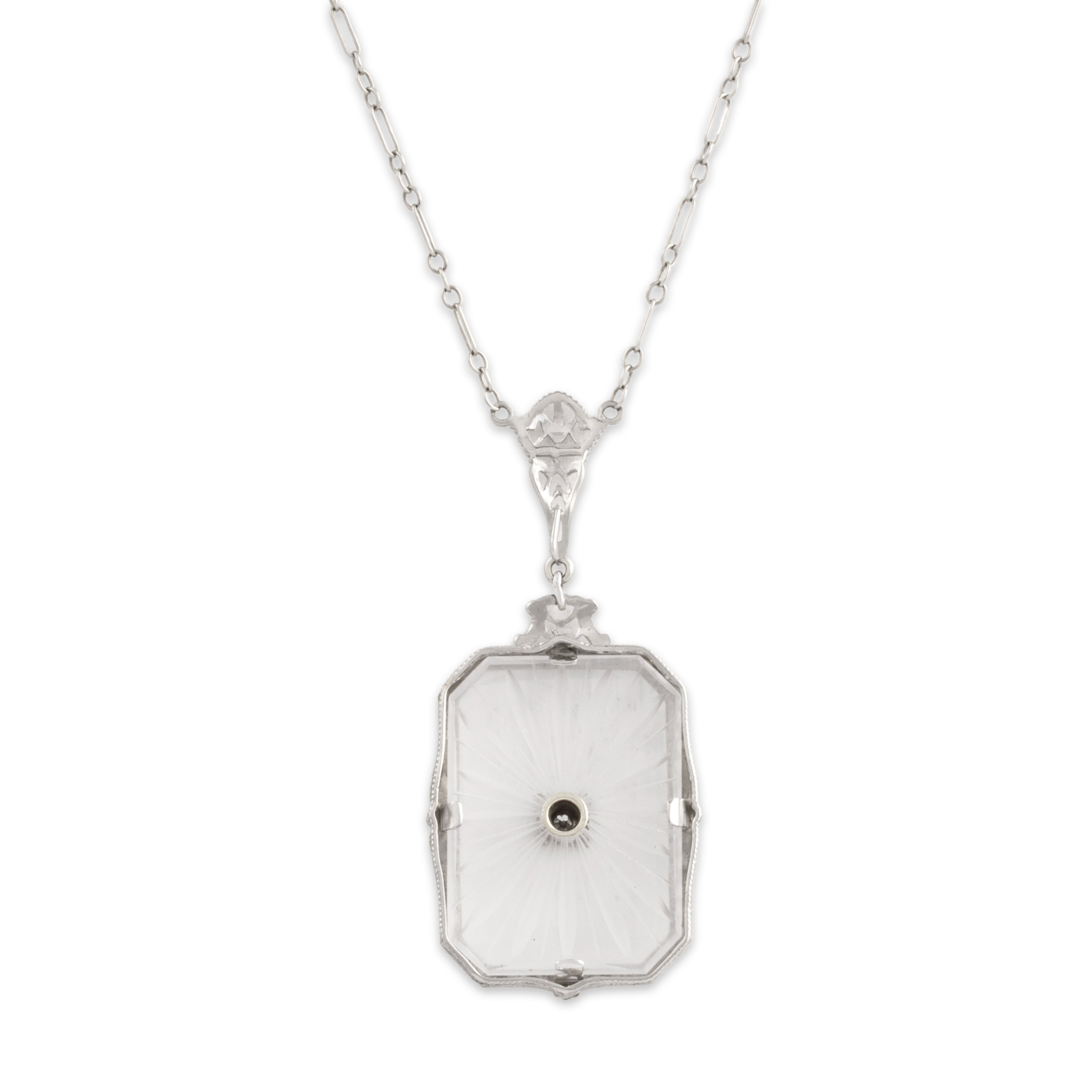Antique Art Deco 14k White Gold Camphor Glass Diamond Striking Ornate Framed Necklace - Back view