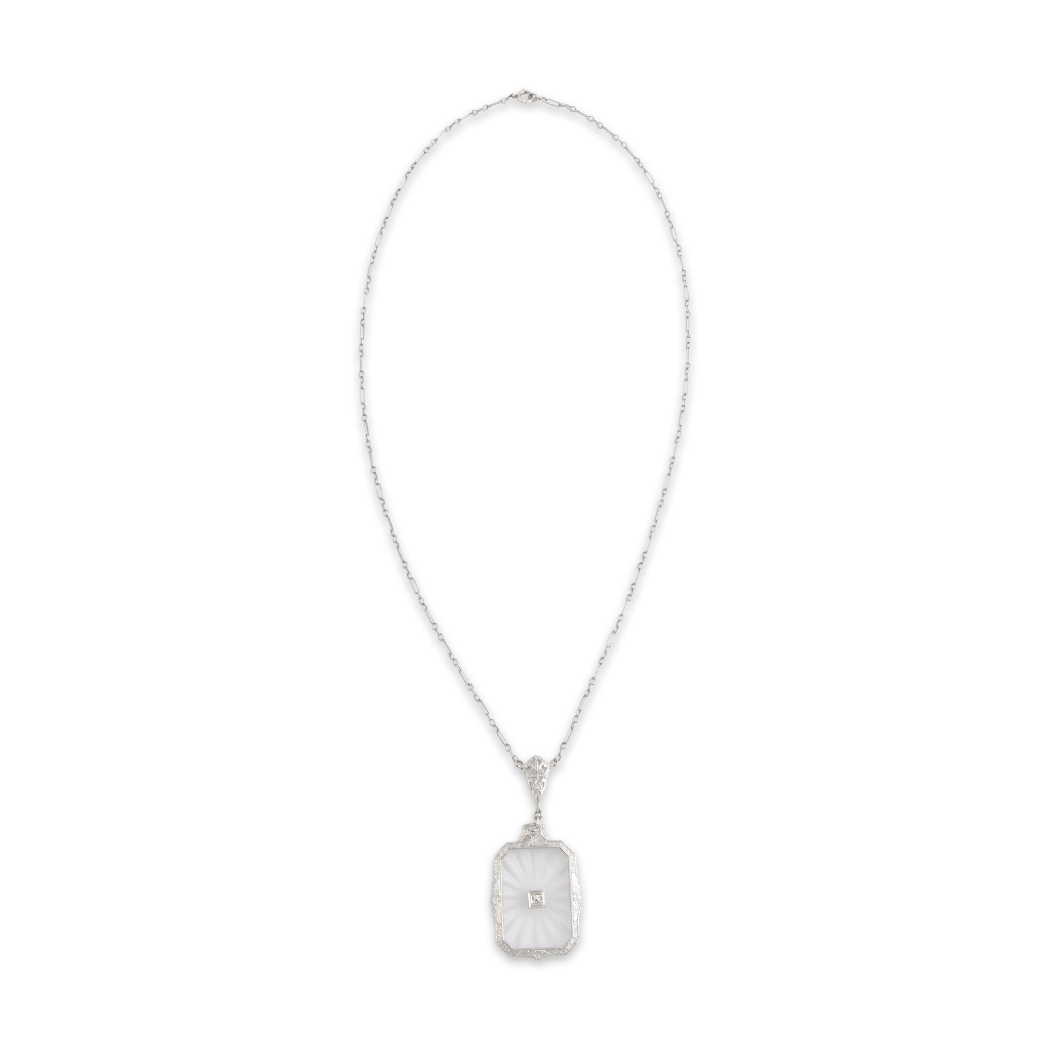Antique Art Deco 14k White Gold Camphor Glass Diamond Striking Ornate Framed Necklace - Overall view