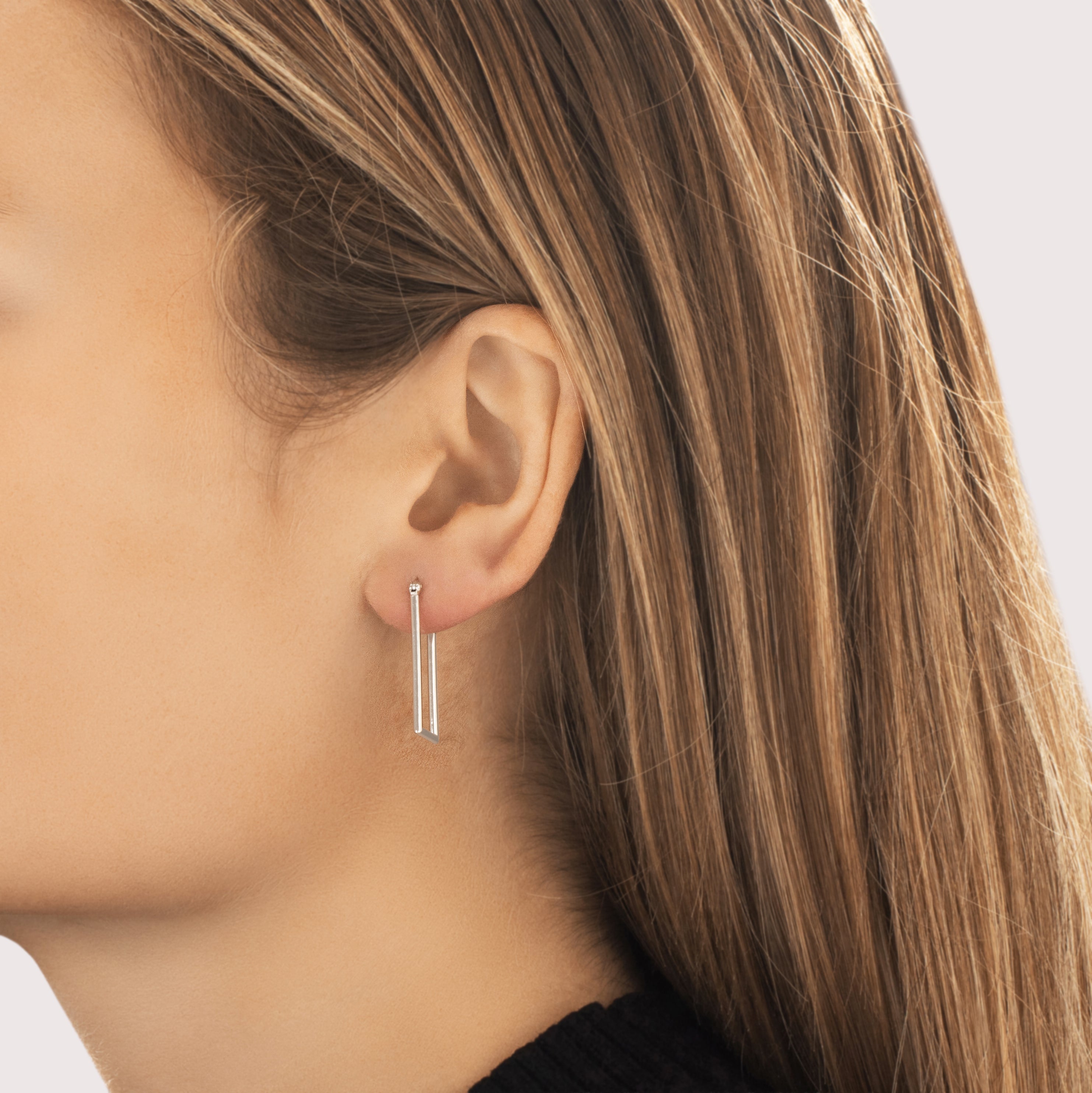 Vintage 14k White Gold Long Rectangle Hoop Earrings - On model view
