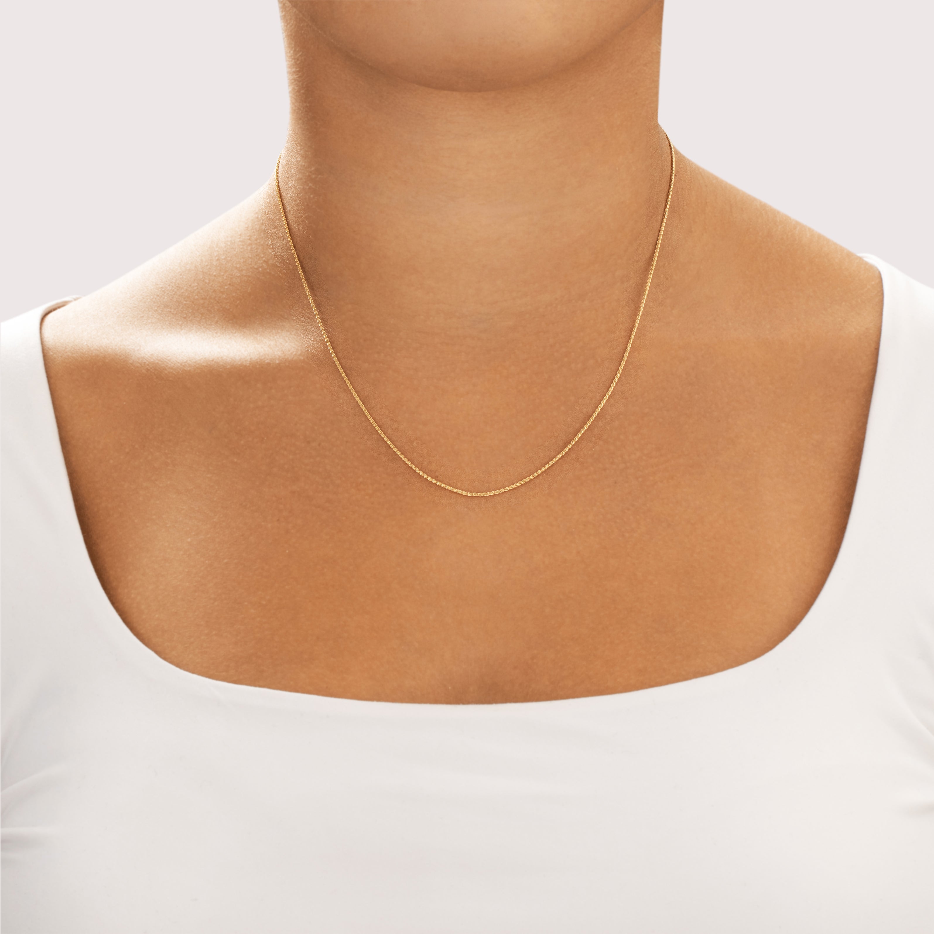 Vintage Lightweight 14k Yellow Gold 1mm Sparkling Wheat Chain - On model view