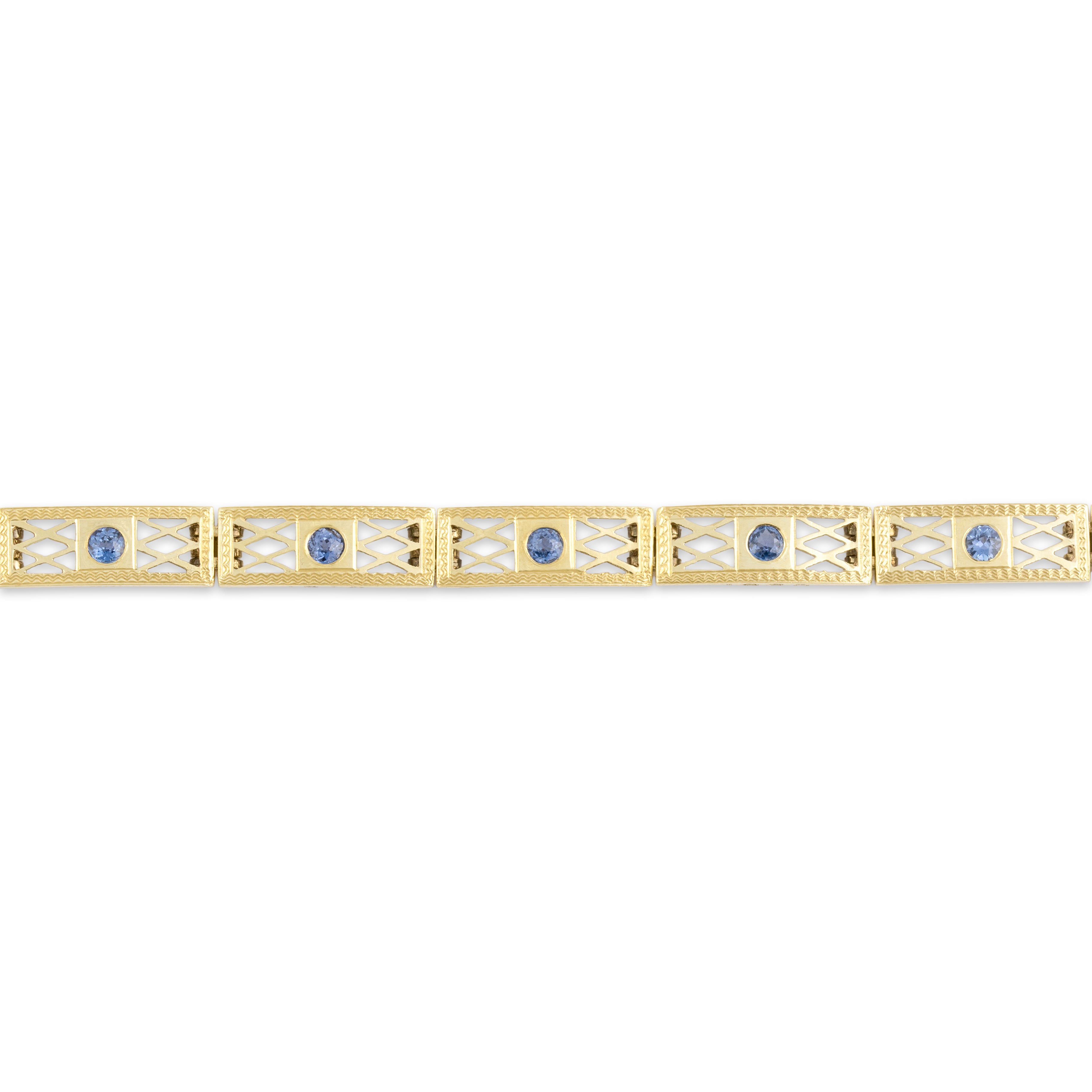 Antique 14k Yellow Gold Blue Synthetic Sapphire Openwork Lattice Bracelet 6.75
