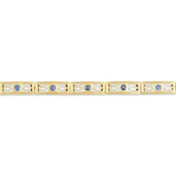 Antique 14k Yellow Gold Blue Synthetic Sapphire Openwork Lattice Bracelet 6.75