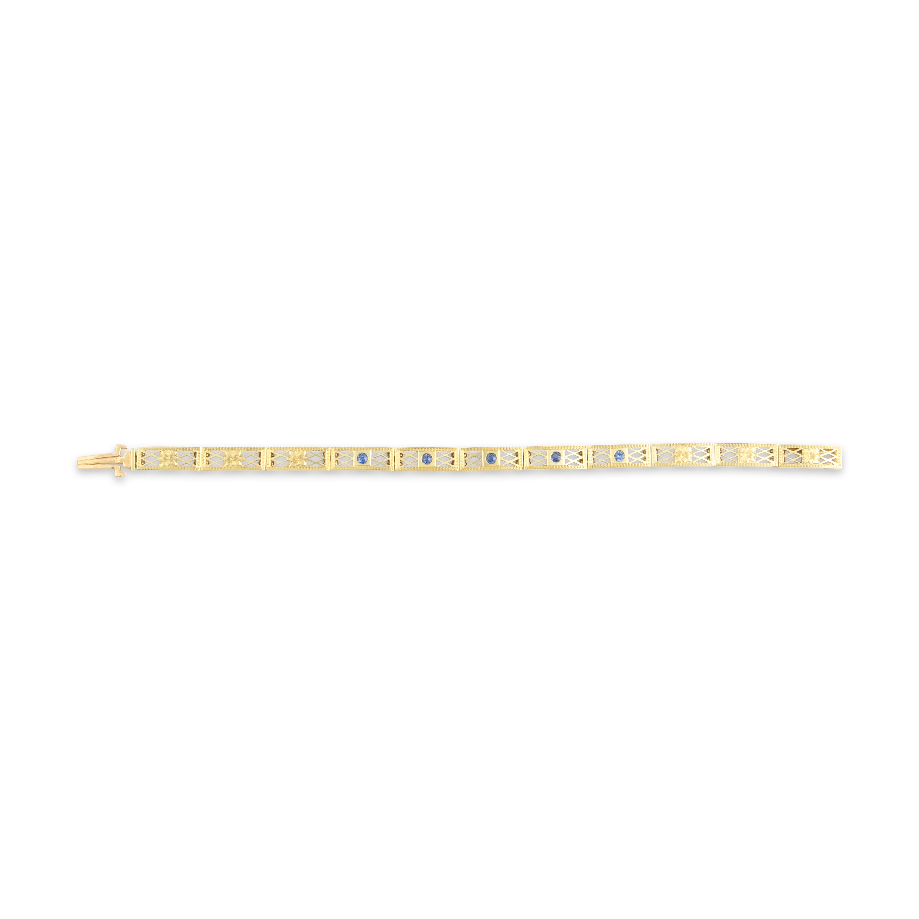 Antique 14k Yellow Gold Blue Synthetic Sapphire Openwork Lattice Bracelet 6.75