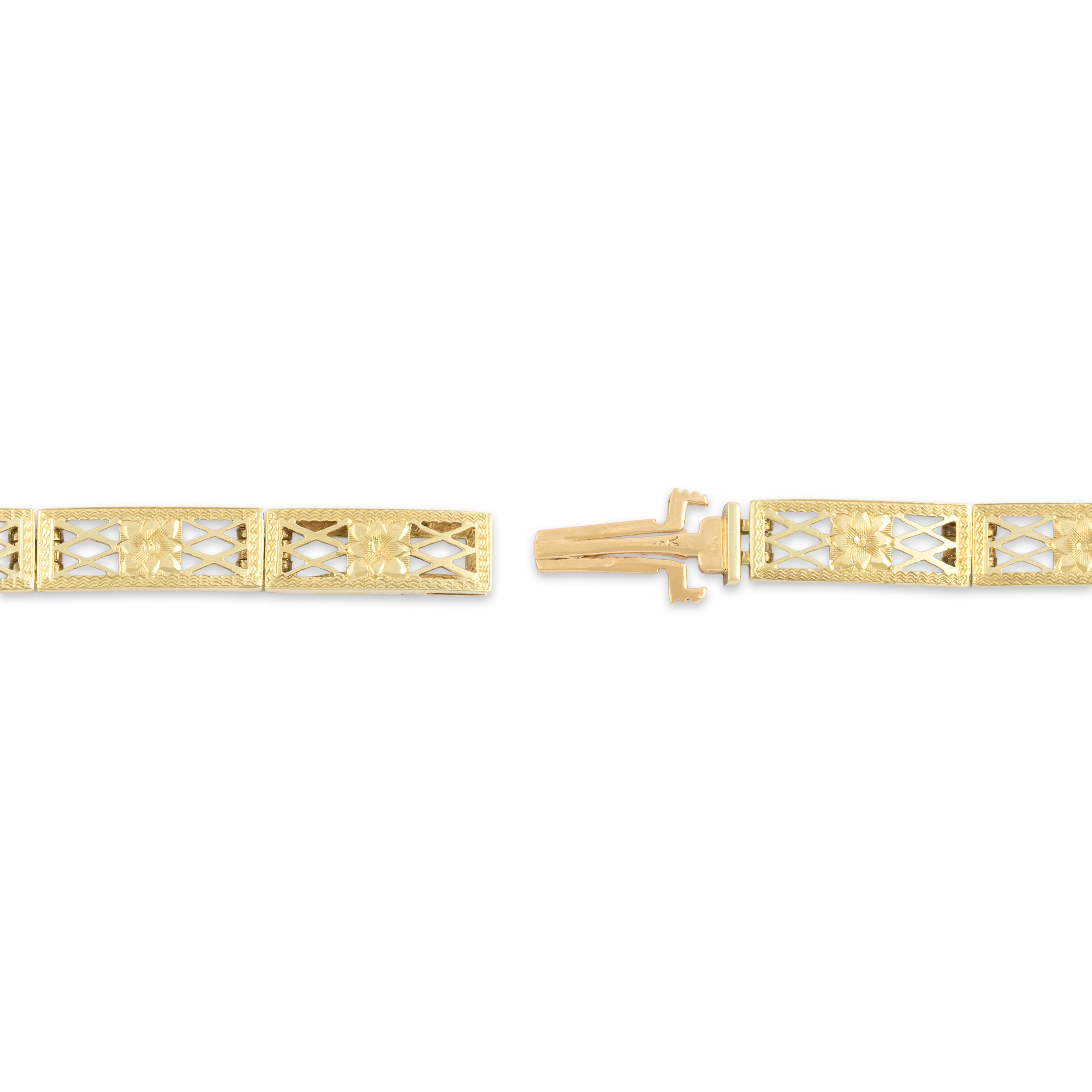 Antique 14k Yellow Gold Blue Synthetic Sapphire Openwork Lattice Bracelet 6.75