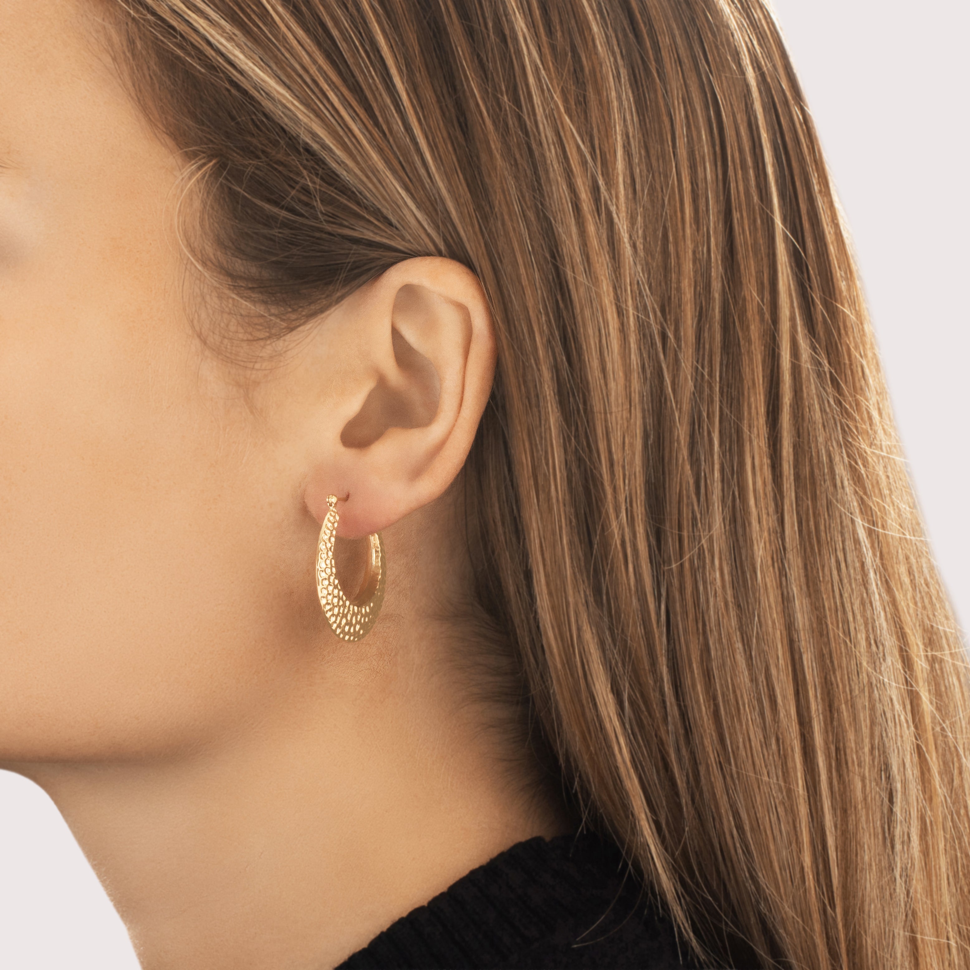 Vintage Lightweight 14k Yellow Gold Textured Crescent Hoop Earrings - On model view