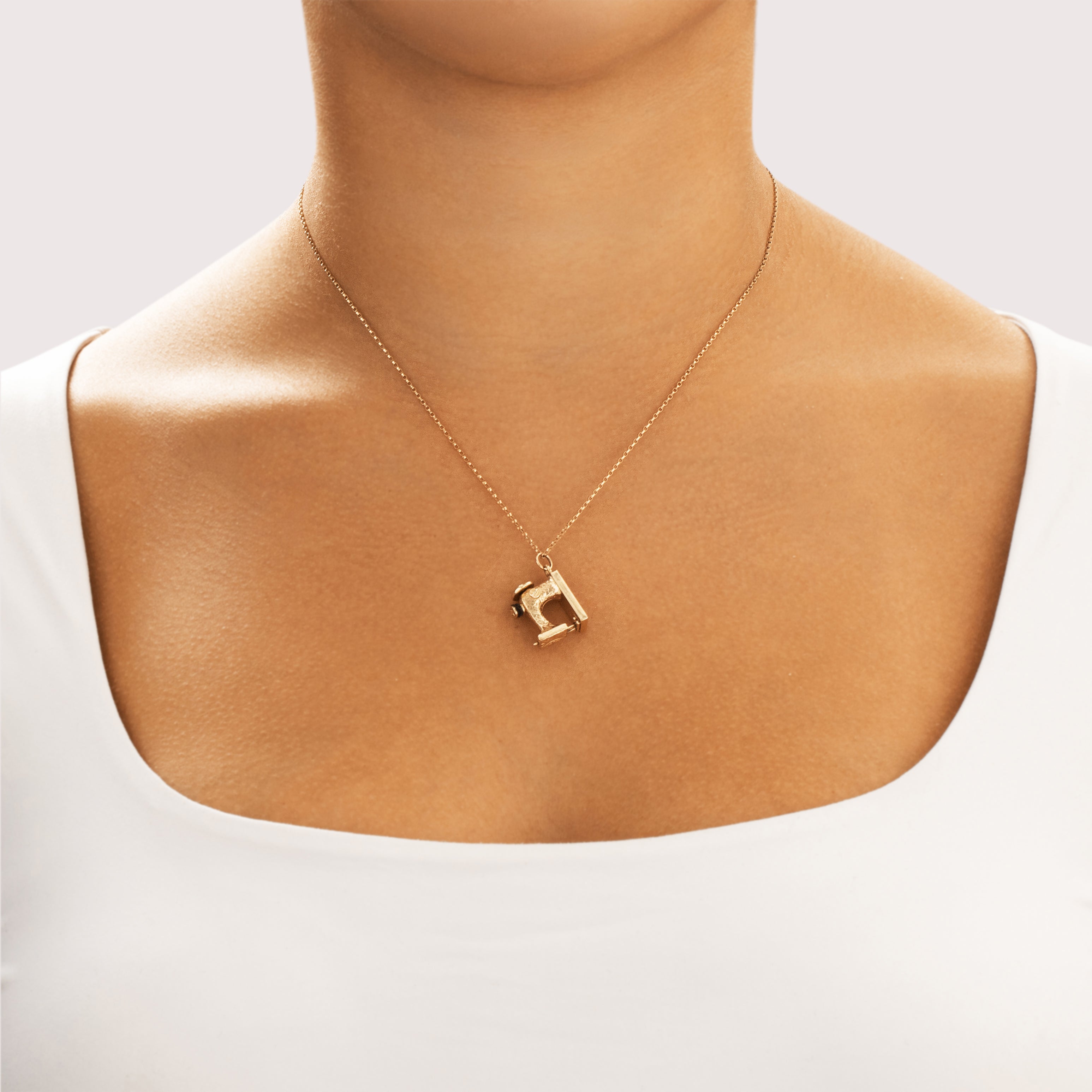 Vintage 14k Yellow Gold Incredible Articulating Sewing Machine Charm / Pendant - On model view