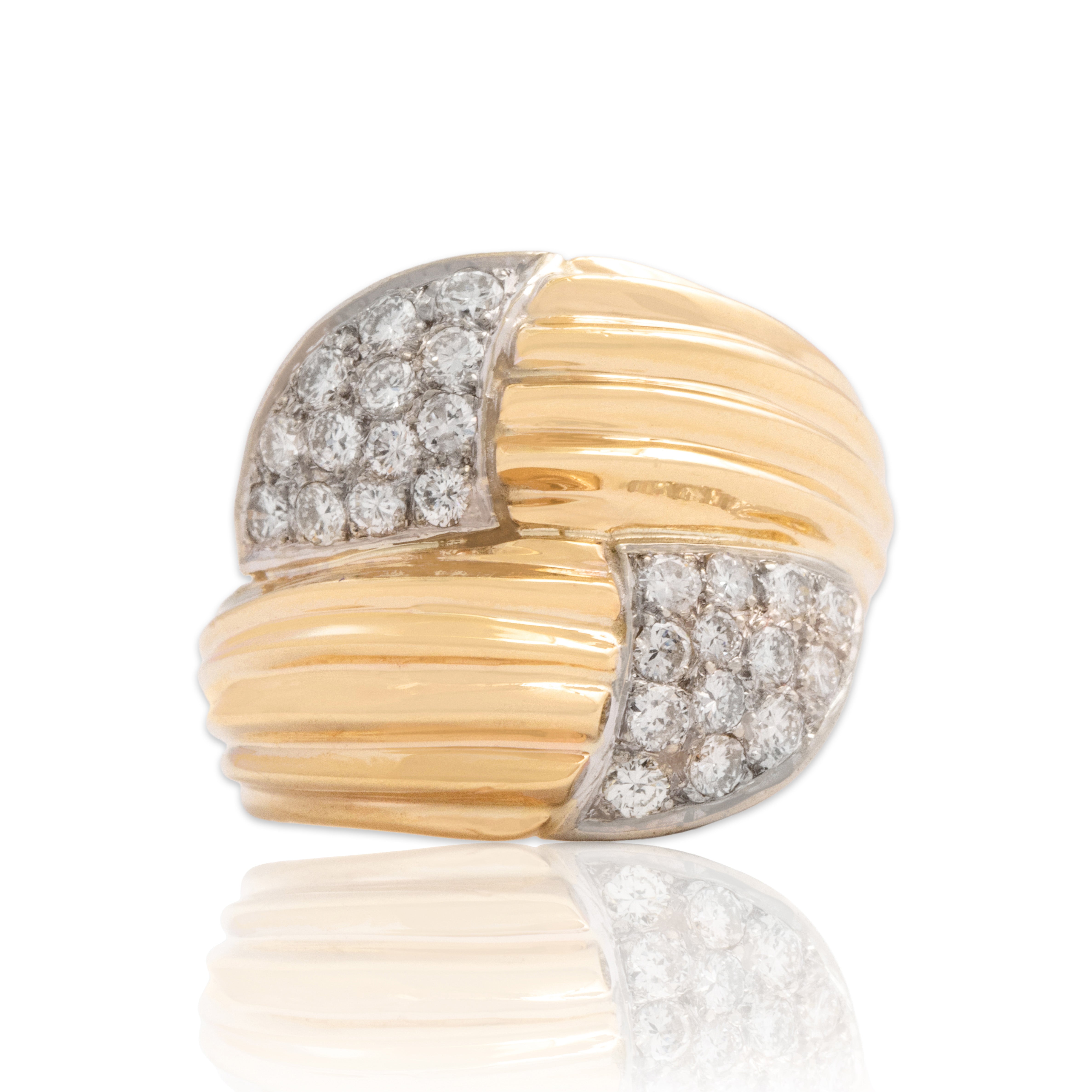 Vintage 14k Yellow & White Gold .58cttw Diamond Ribbed Sparkling Bypass Ring 7.50