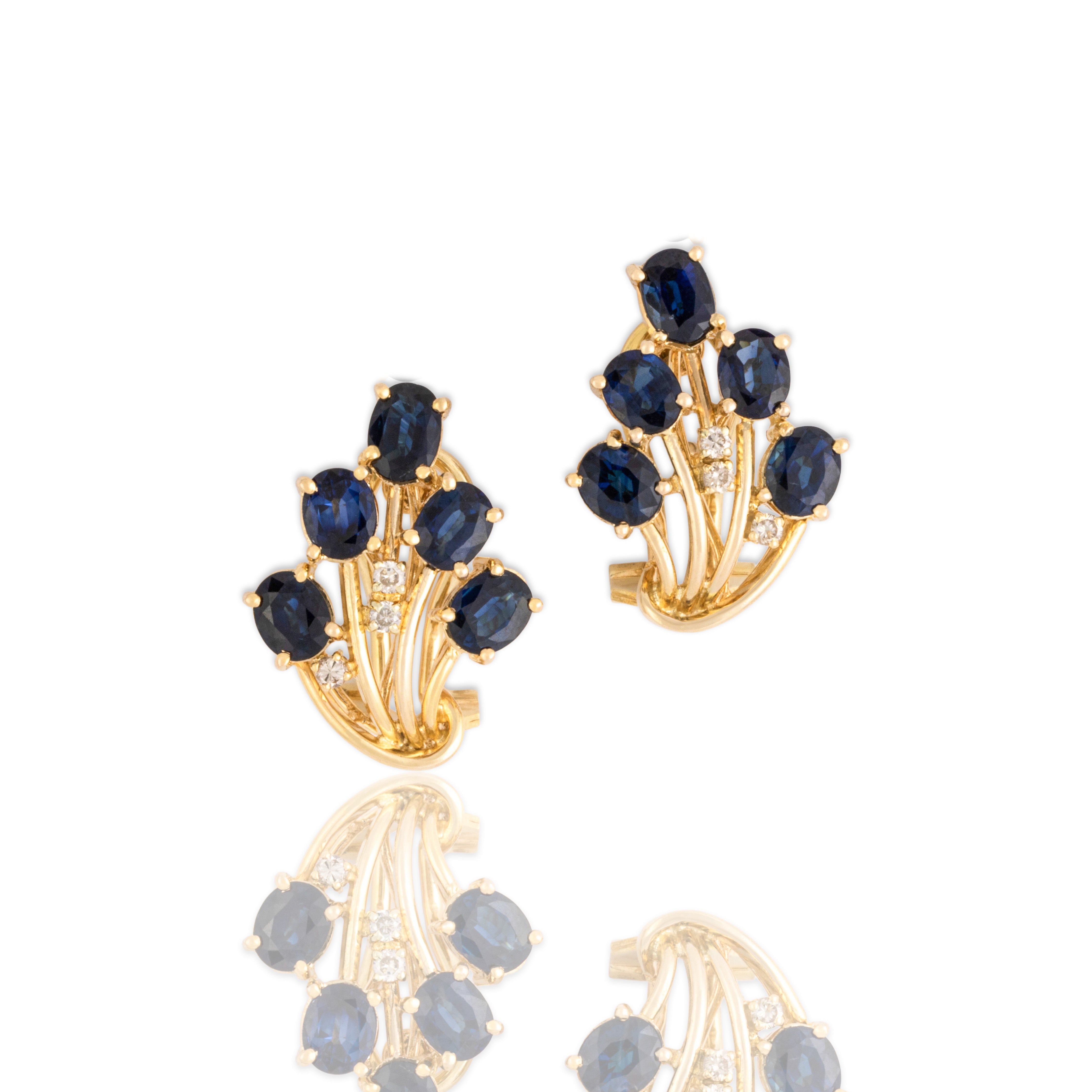 Vintage 14k Yellow Gold 4.86cttw Blue Sapphire Diamond Flowing Tendril Bouquet Omega-Back Earrings - Close-up view