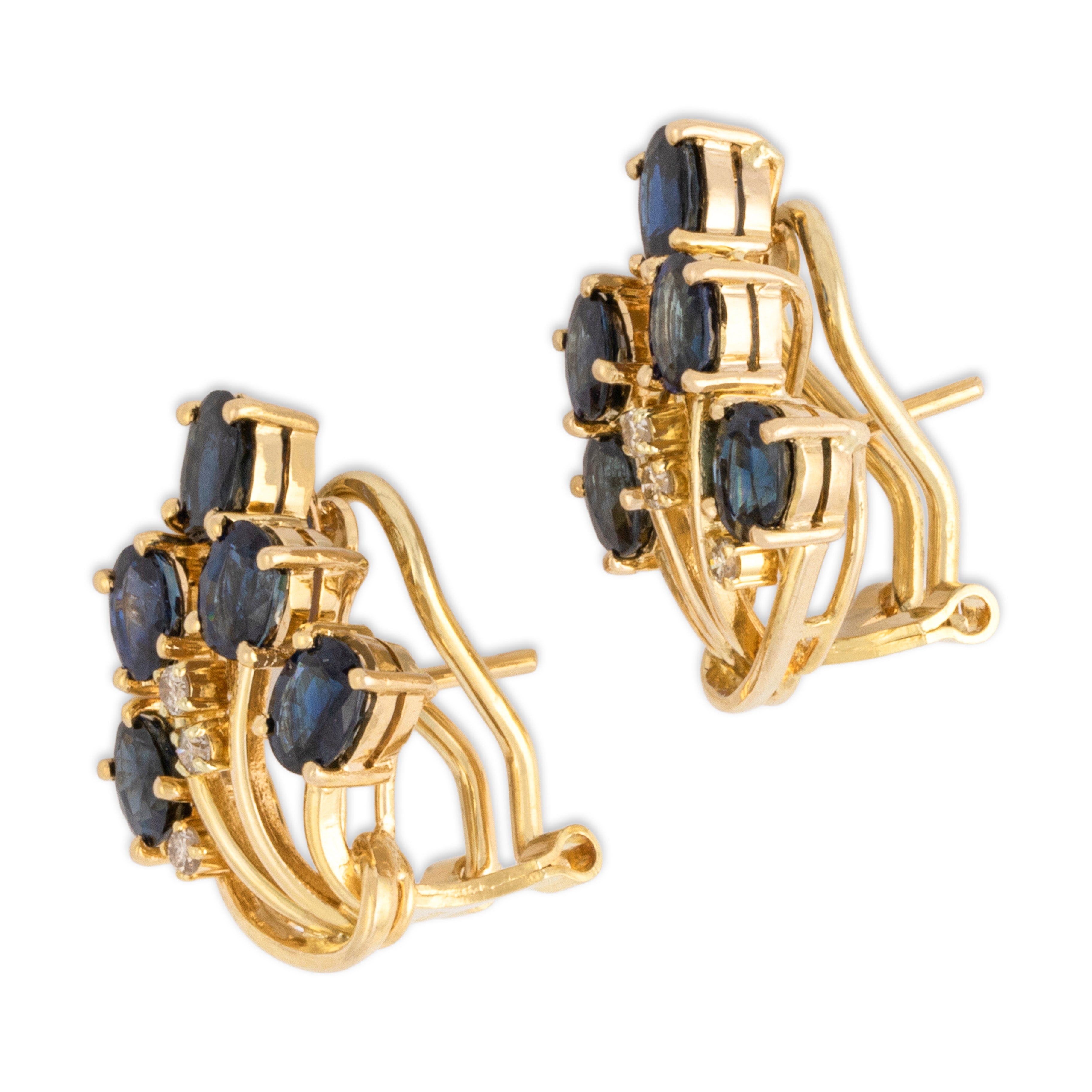Vintage 14k Yellow Gold 4.86cttw Blue Sapphire Diamond Flowing Tendril Bouquet Omega-Back Earrings - Side view