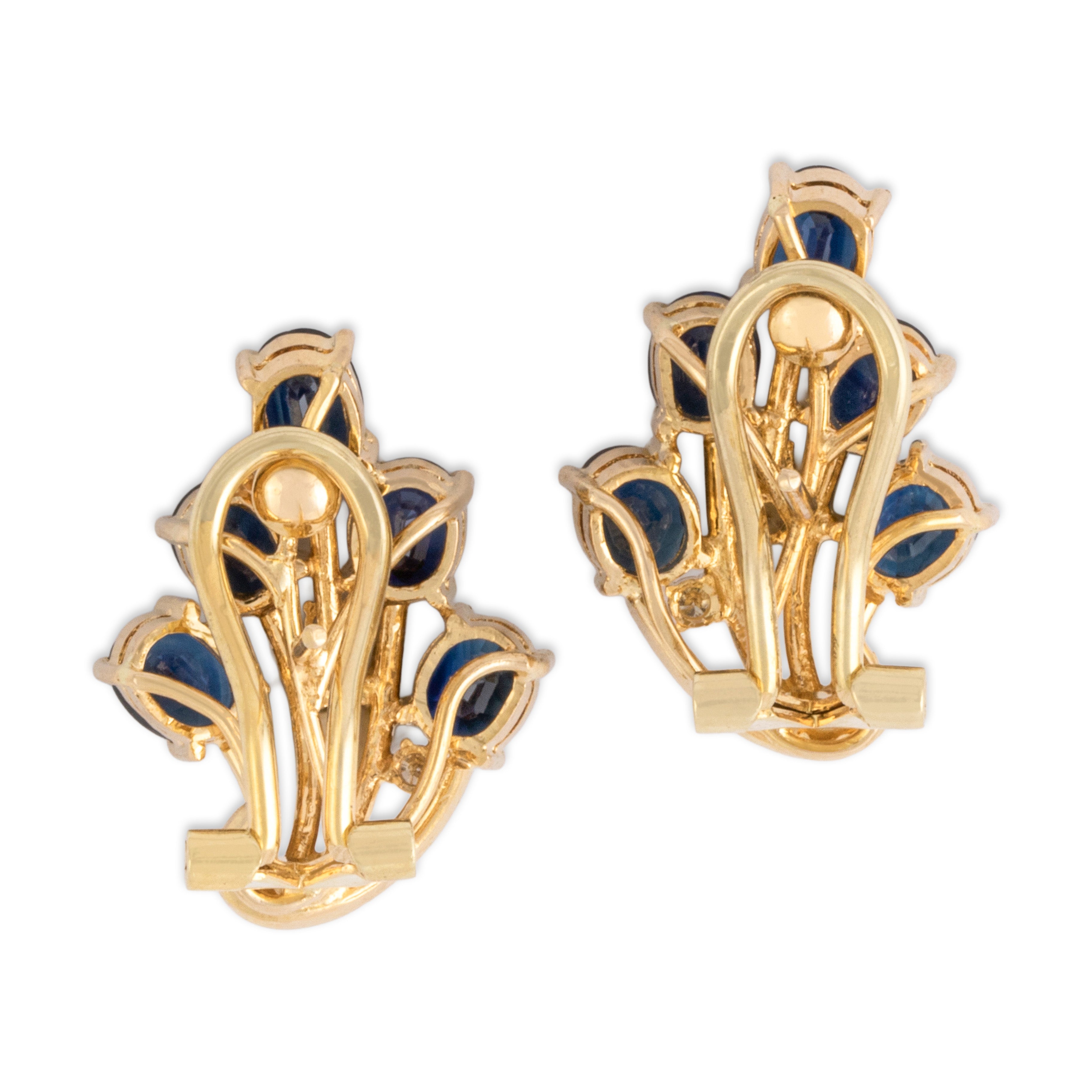Vintage 14k Yellow Gold 4.86cttw Blue Sapphire Diamond Flowing Tendril Bouquet Omega-Back Earrings - Back view