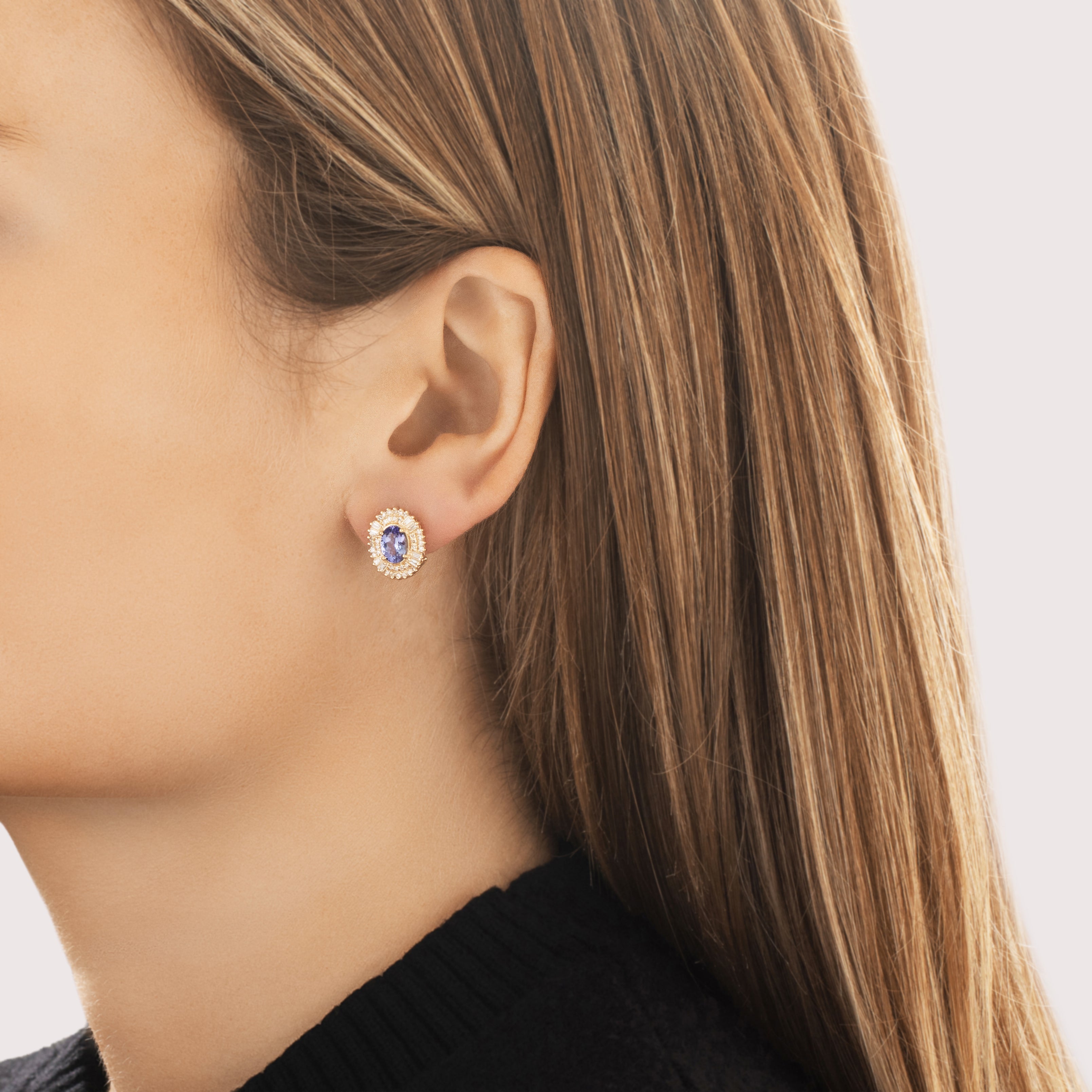 Vintage 14k Yellow Gold 1.64cttw Tanzanite Diamond Sparkling Periwinkle Omega-Back Earrings - On model view