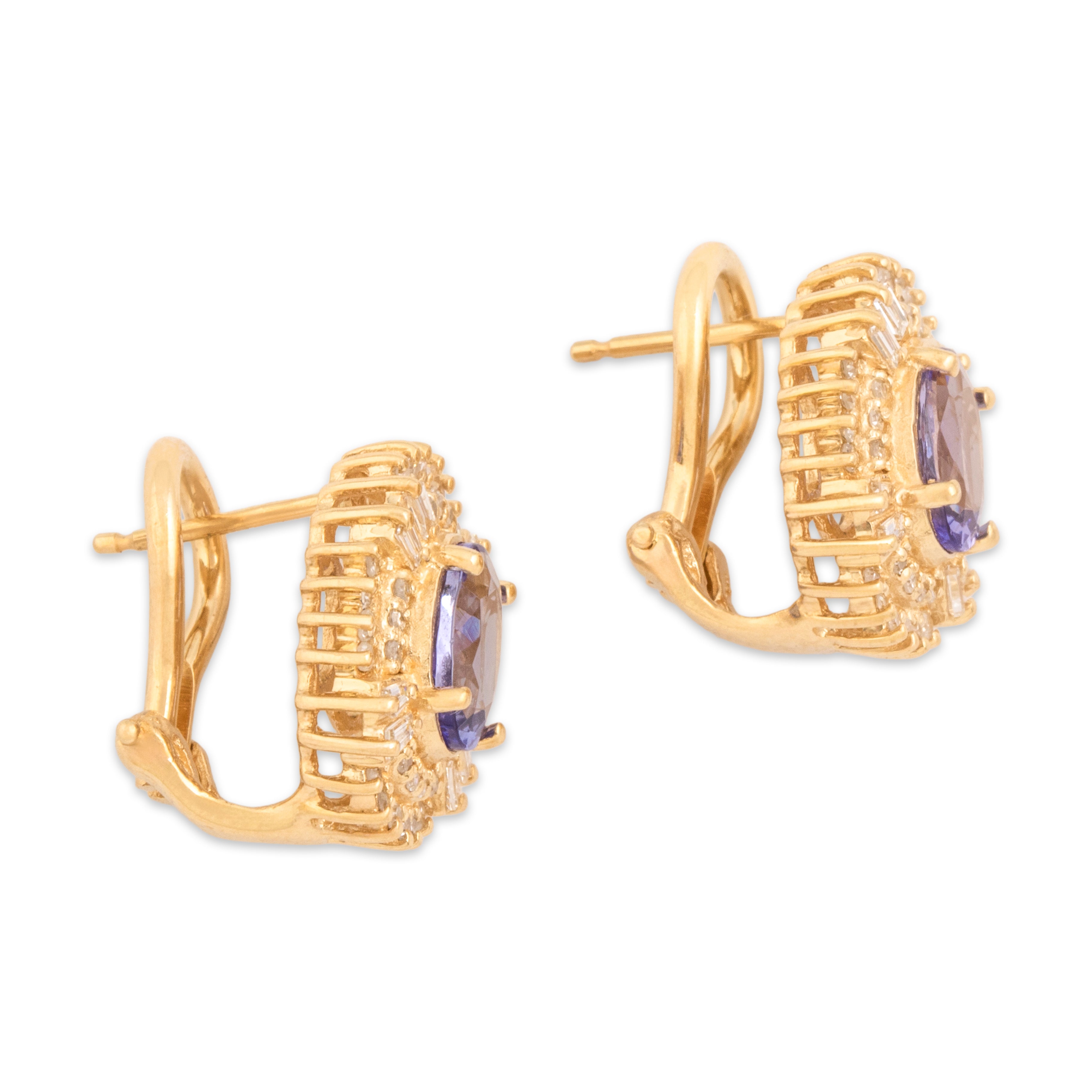Vintage 14k Yellow Gold 1.64cttw Tanzanite Diamond Sparkling Periwinkle Omega-Back Earrings - Side view