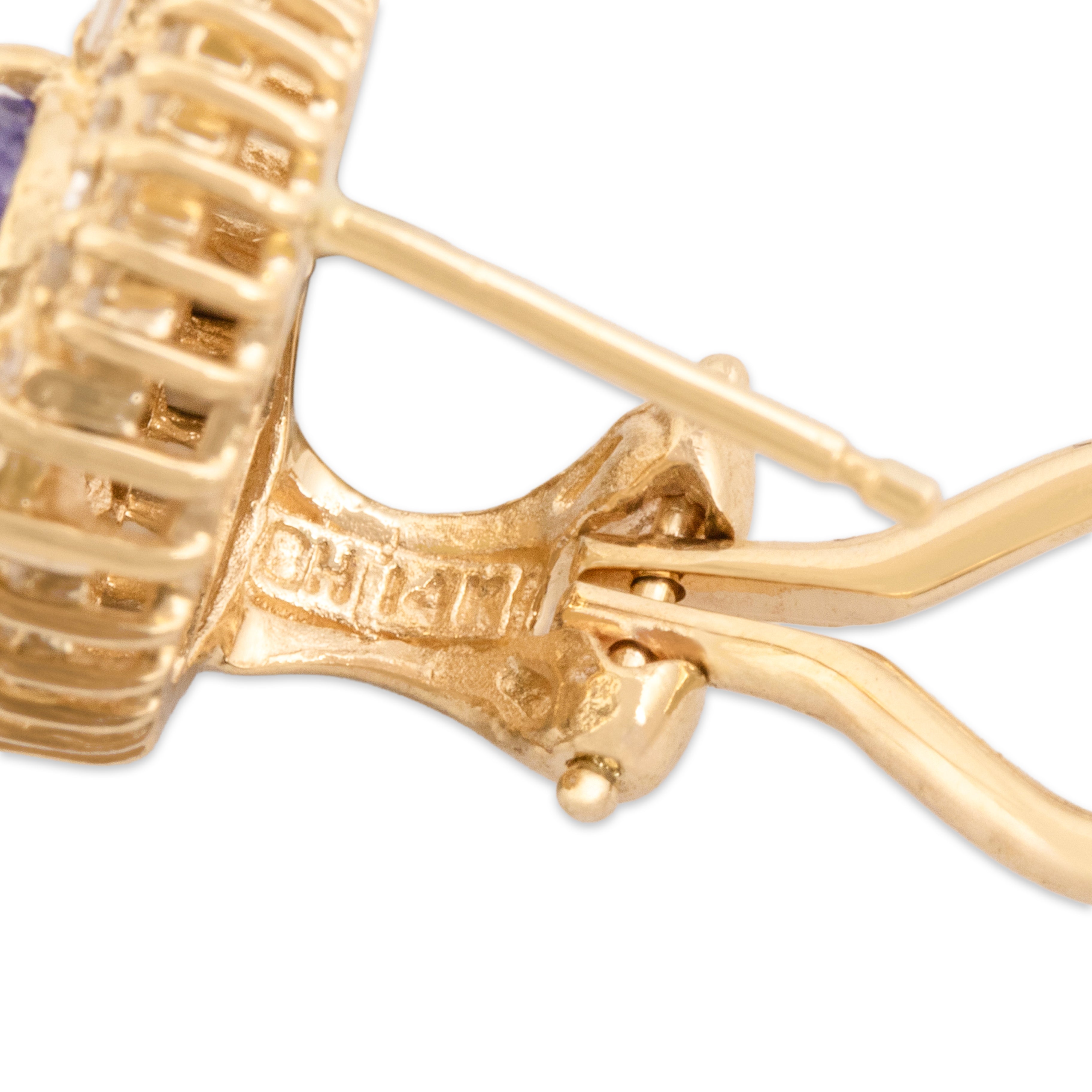 Vintage 14k Yellow Gold 1.64cttw Tanzanite Diamond Sparkling Periwinkle Omega-Back Earrings - Hallmark view