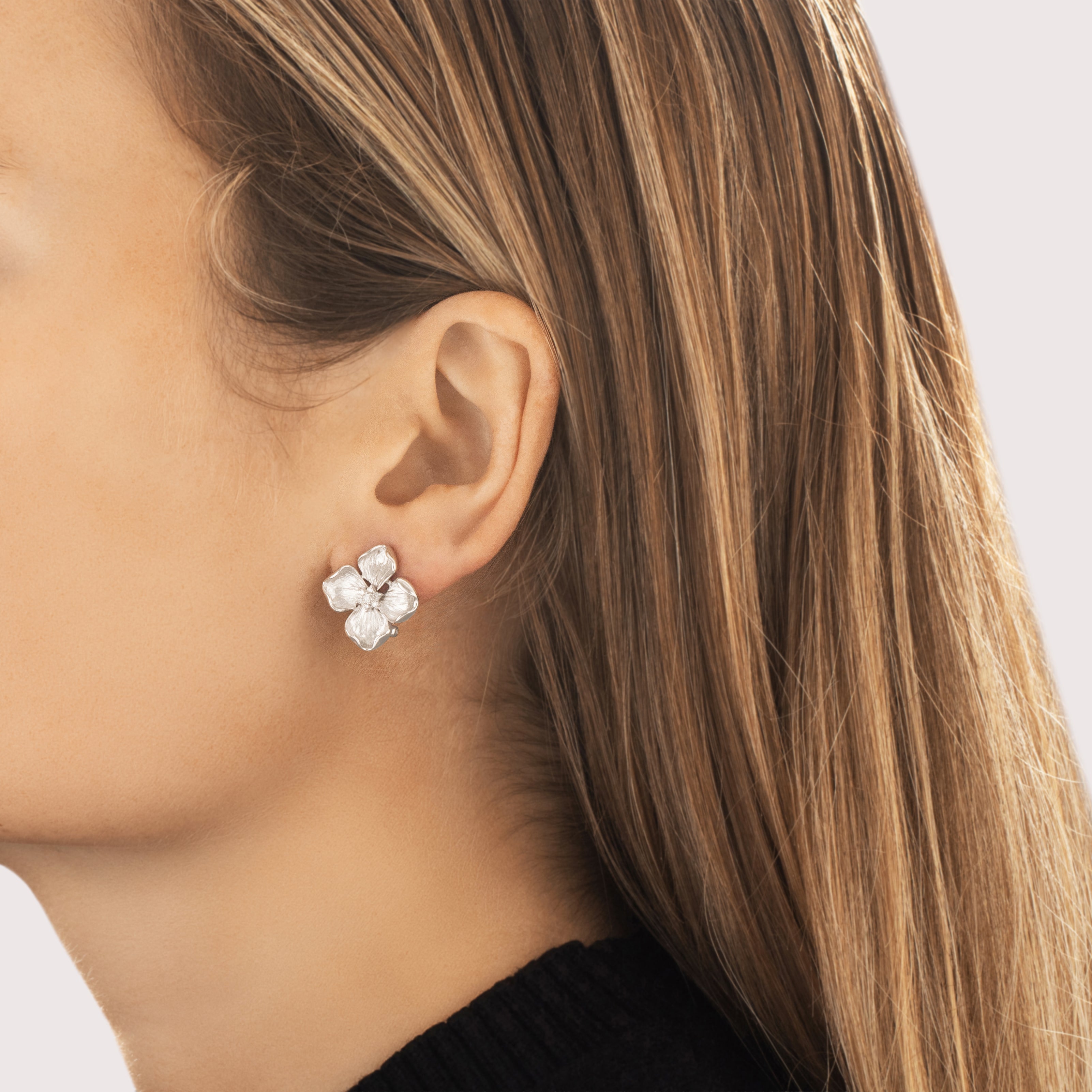 Vintage 14k White Gold Diamond Stunning Textured Dogwood Flower Omega Back Earrings - On model view