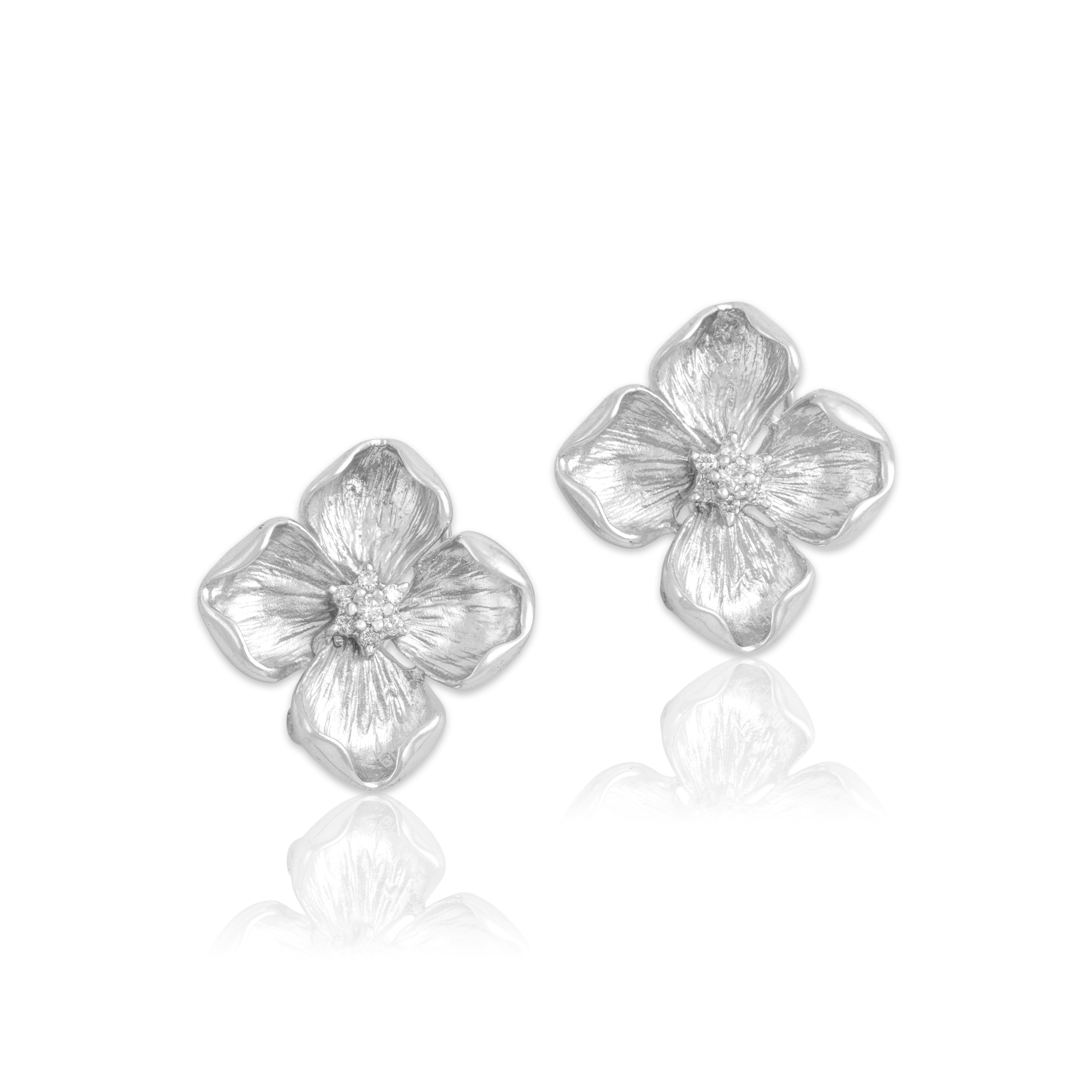 Vintage 14k White Gold Diamond Stunning Textured Dogwood Flower Omega Back Earrings - Close-up view