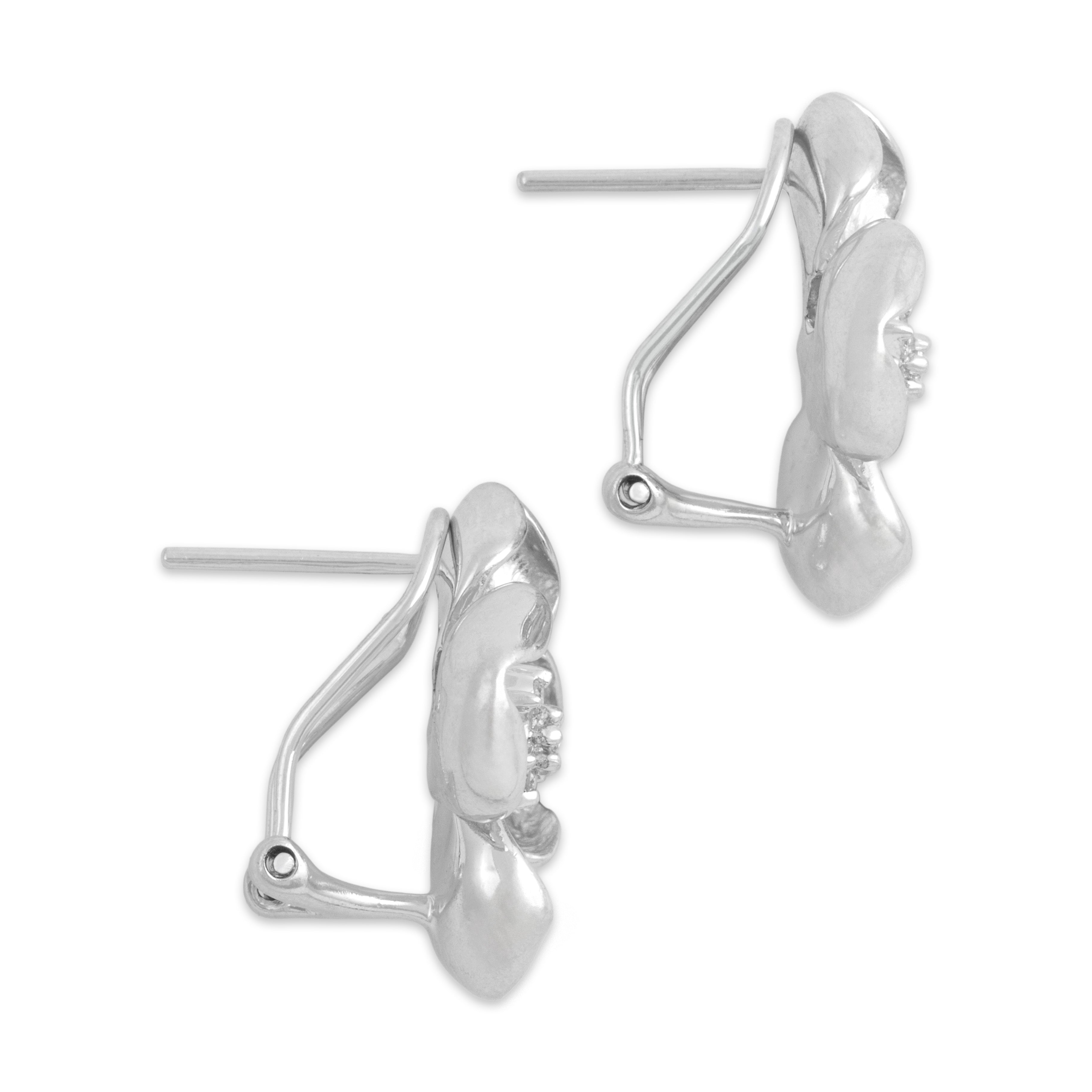Vintage 14k White Gold Diamond Stunning Textured Dogwood Flower Omega Back Earrings - Side view
