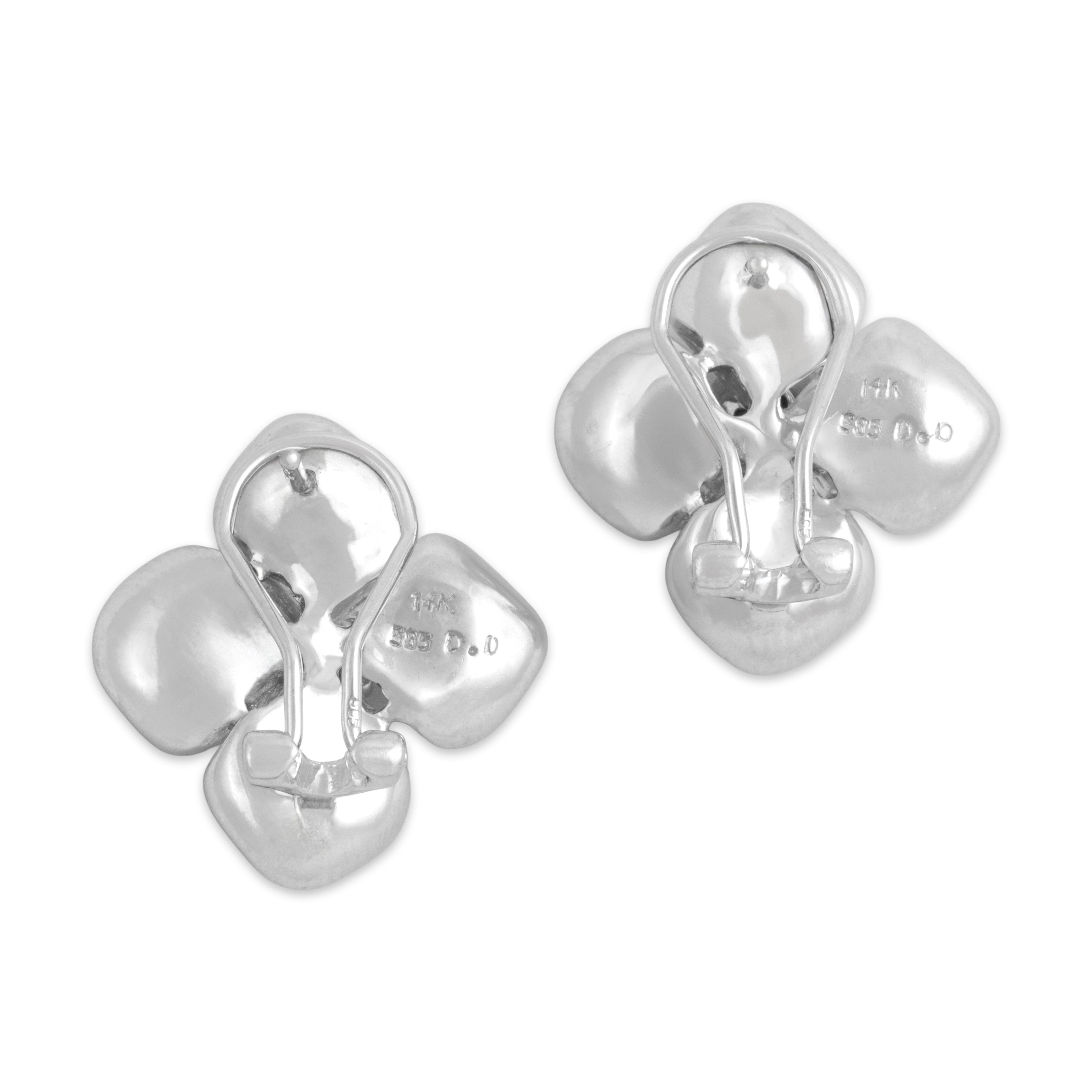 Vintage 14k White Gold Diamond Stunning Textured Dogwood Flower Omega Back Earrings - Back view