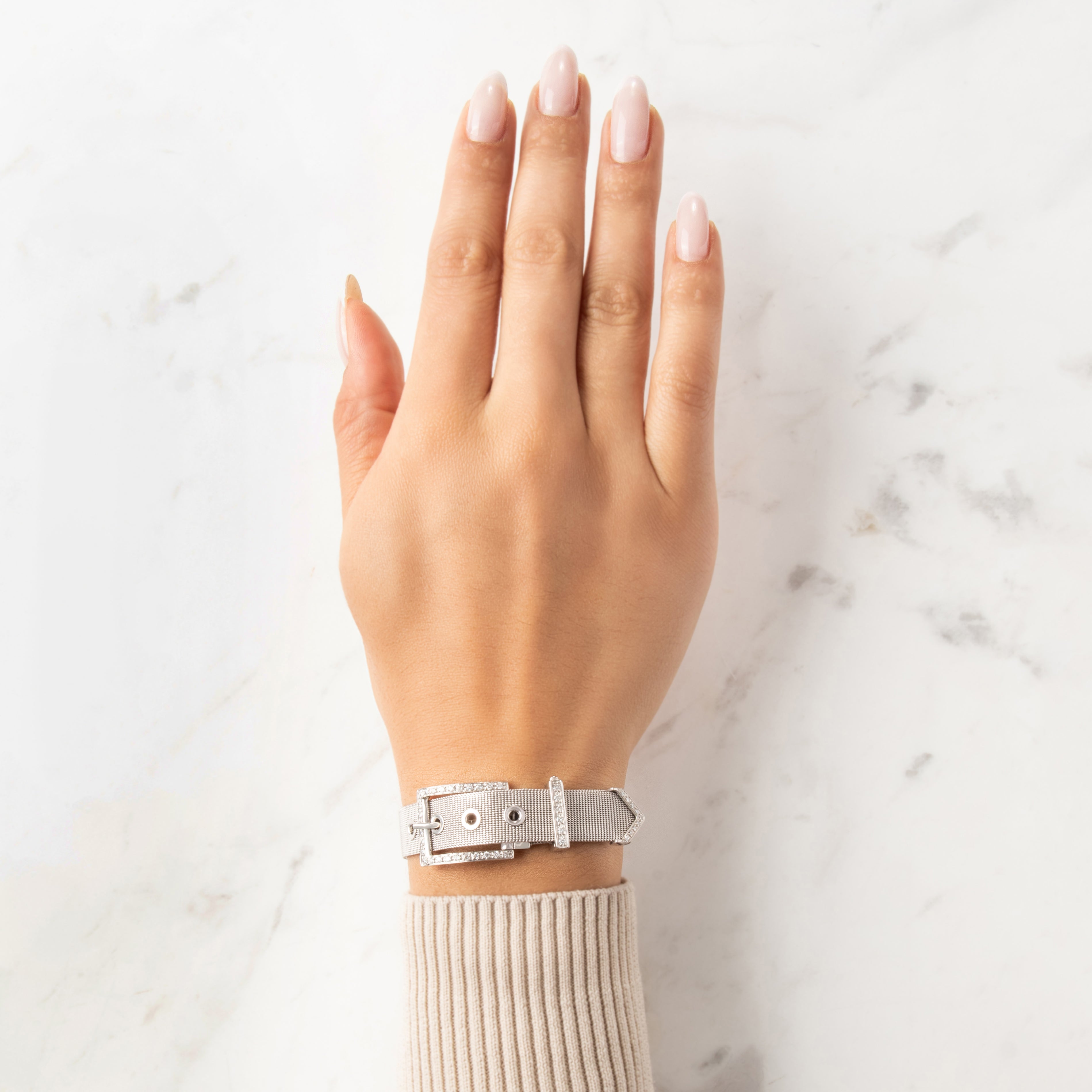 Vintage 18k White Gold Diamond Fabulous Mesh Belt Buckle Bracelet - On model view