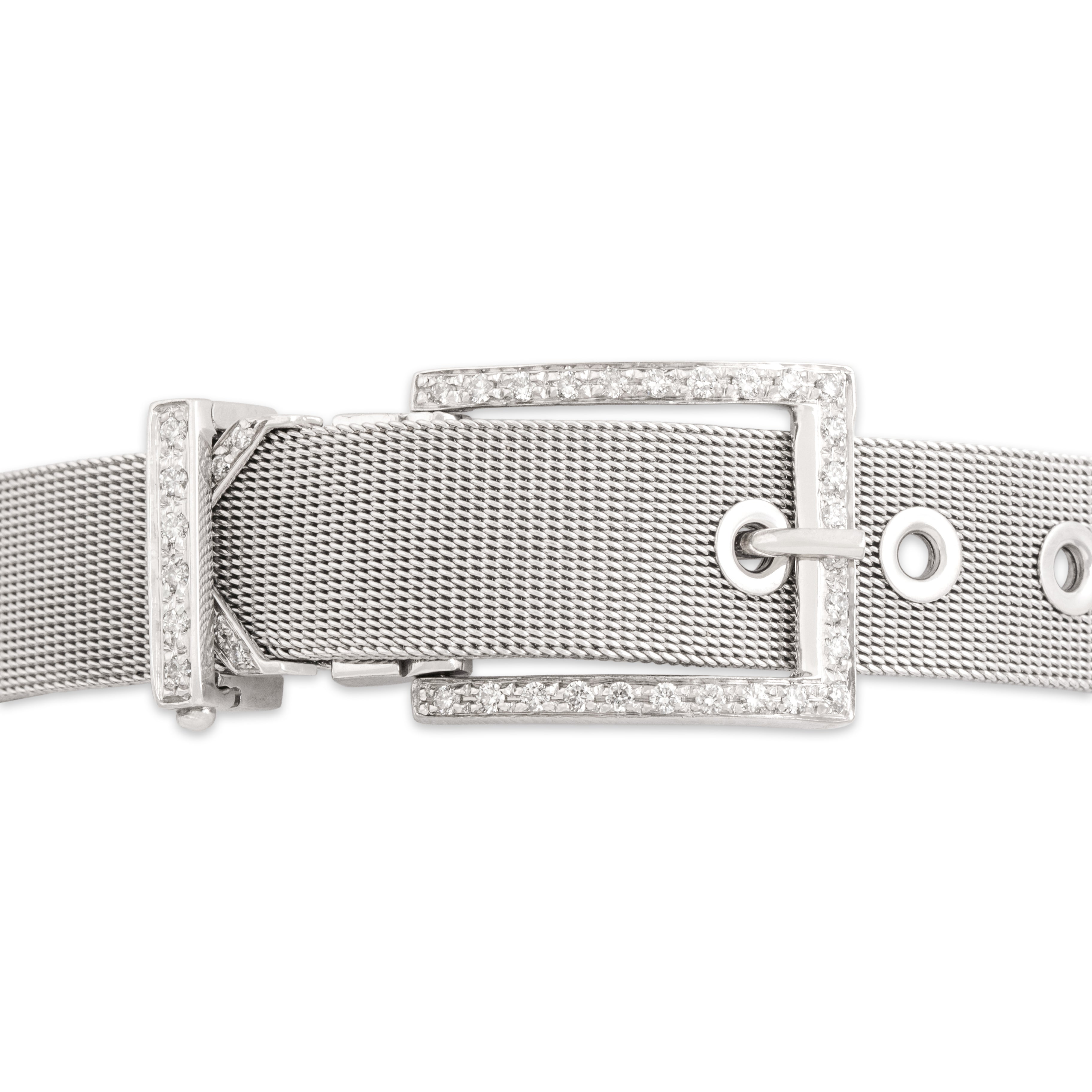 Vintage 18k White Gold Diamond Fabulous Mesh Belt Buckle Bracelet - Close-up view