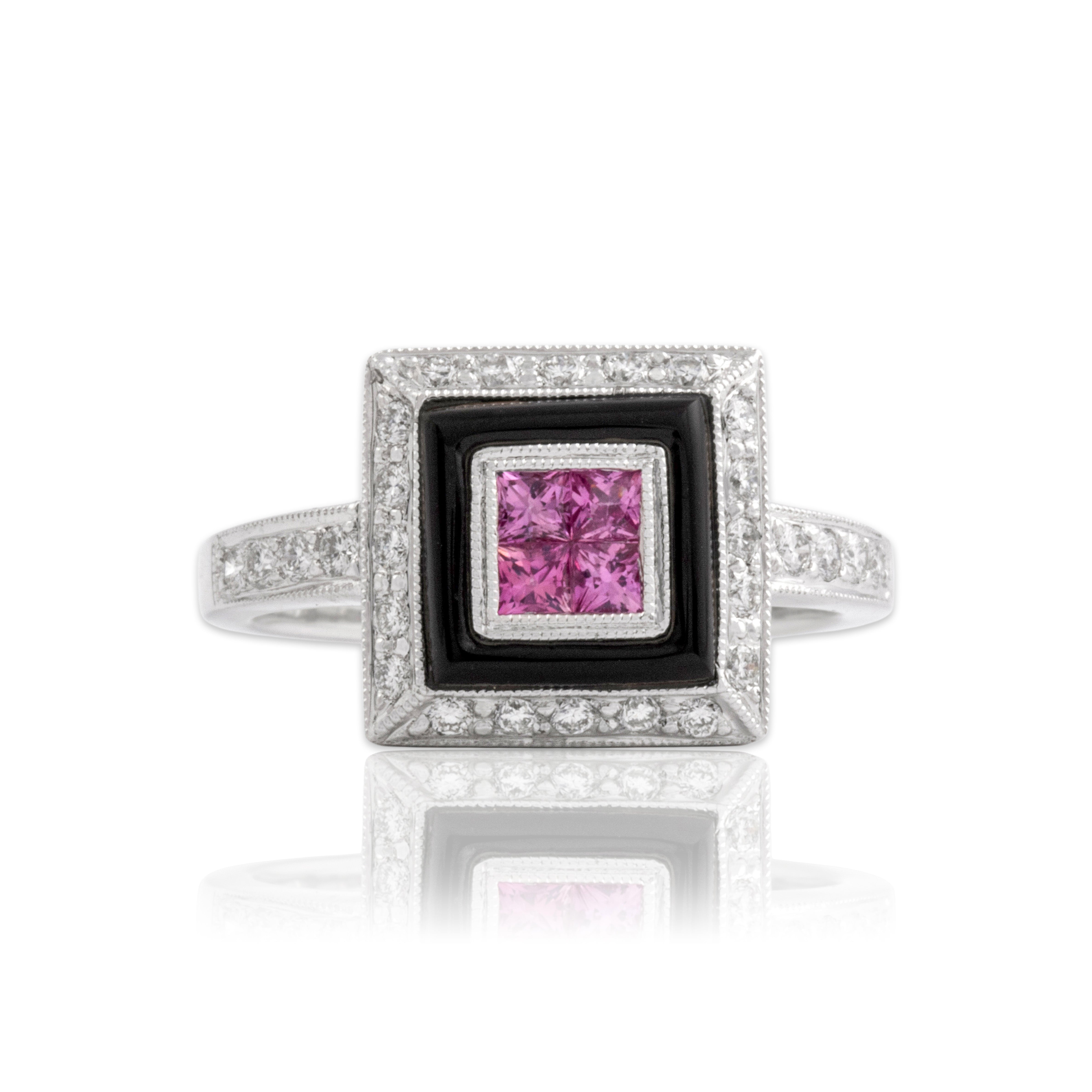 Vintage 18k White Gold Onyx Diamond Pink Sapphire Vibrant Square Ring 6.75