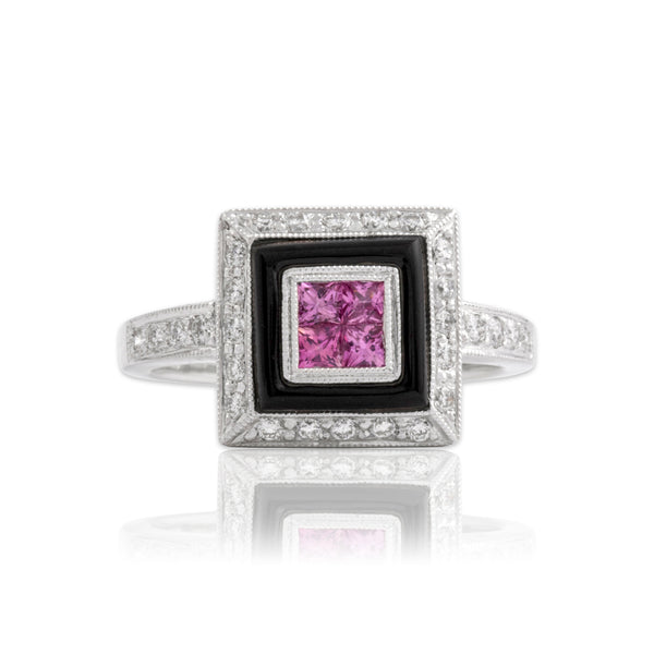 Vintage 18k White Gold Onyx Diamond Pink Sapphire Vibrant Square Ring 6.75