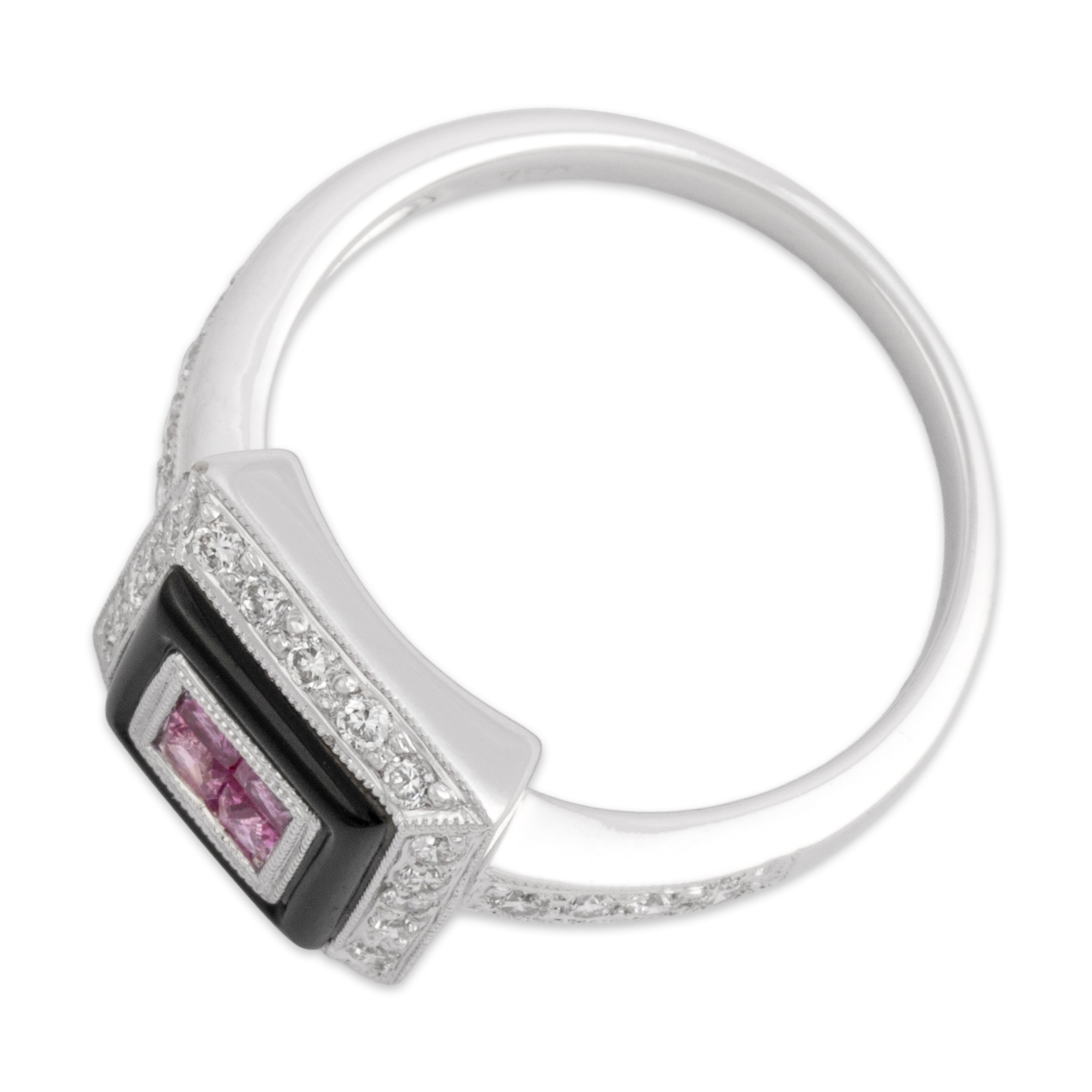 Vintage 18k White Gold Onyx Diamond Pink Sapphire Glittering Vibrant Square Ring - Overall view