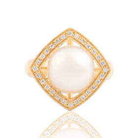 Vintage 18k Yellow Gold Pearl Diamond Sparkling Cushion Orbital Halo Ring 6.50