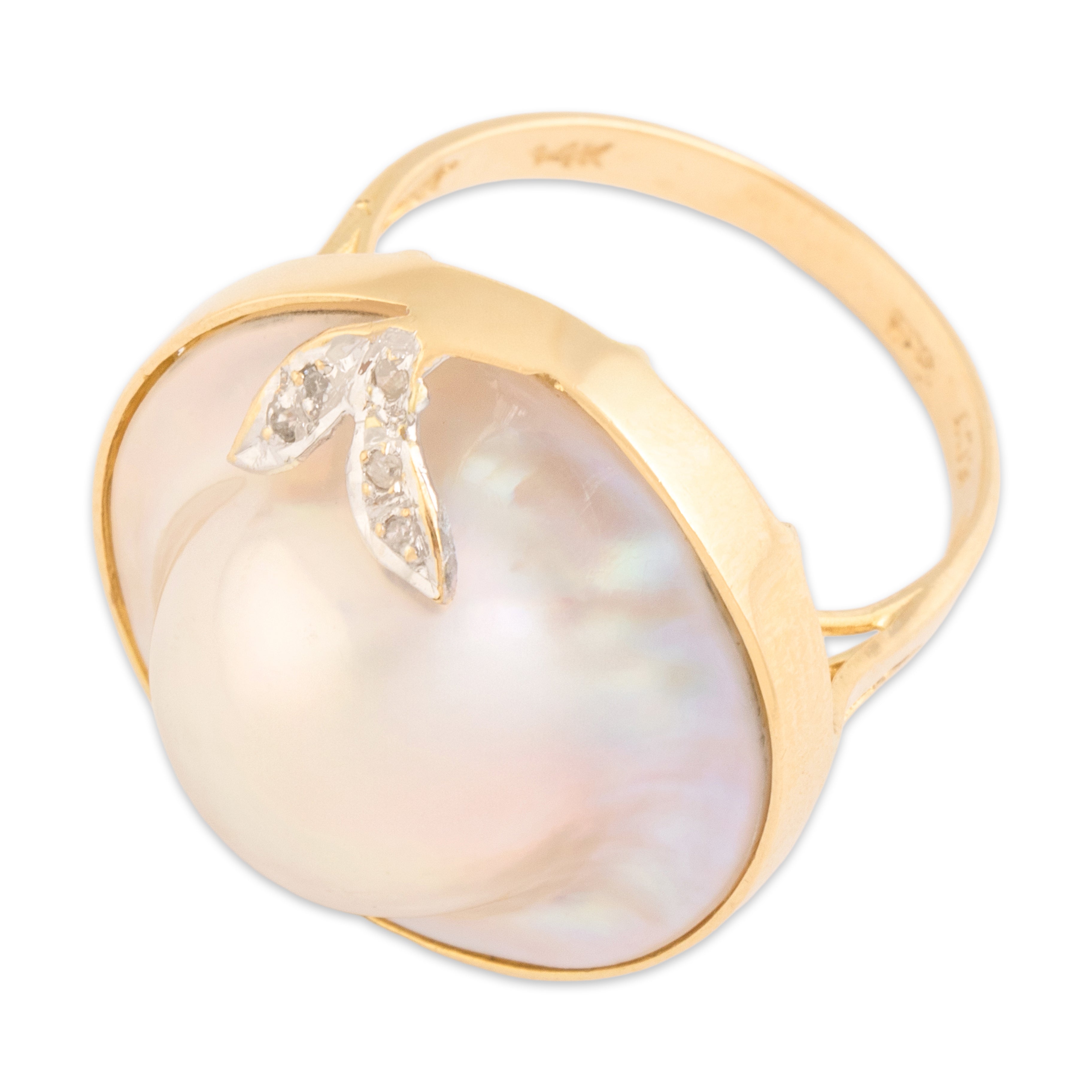 Vintage 14k Yellow & White Gold Mabé Pearl Diamond Glowing Statement Ring 7.00