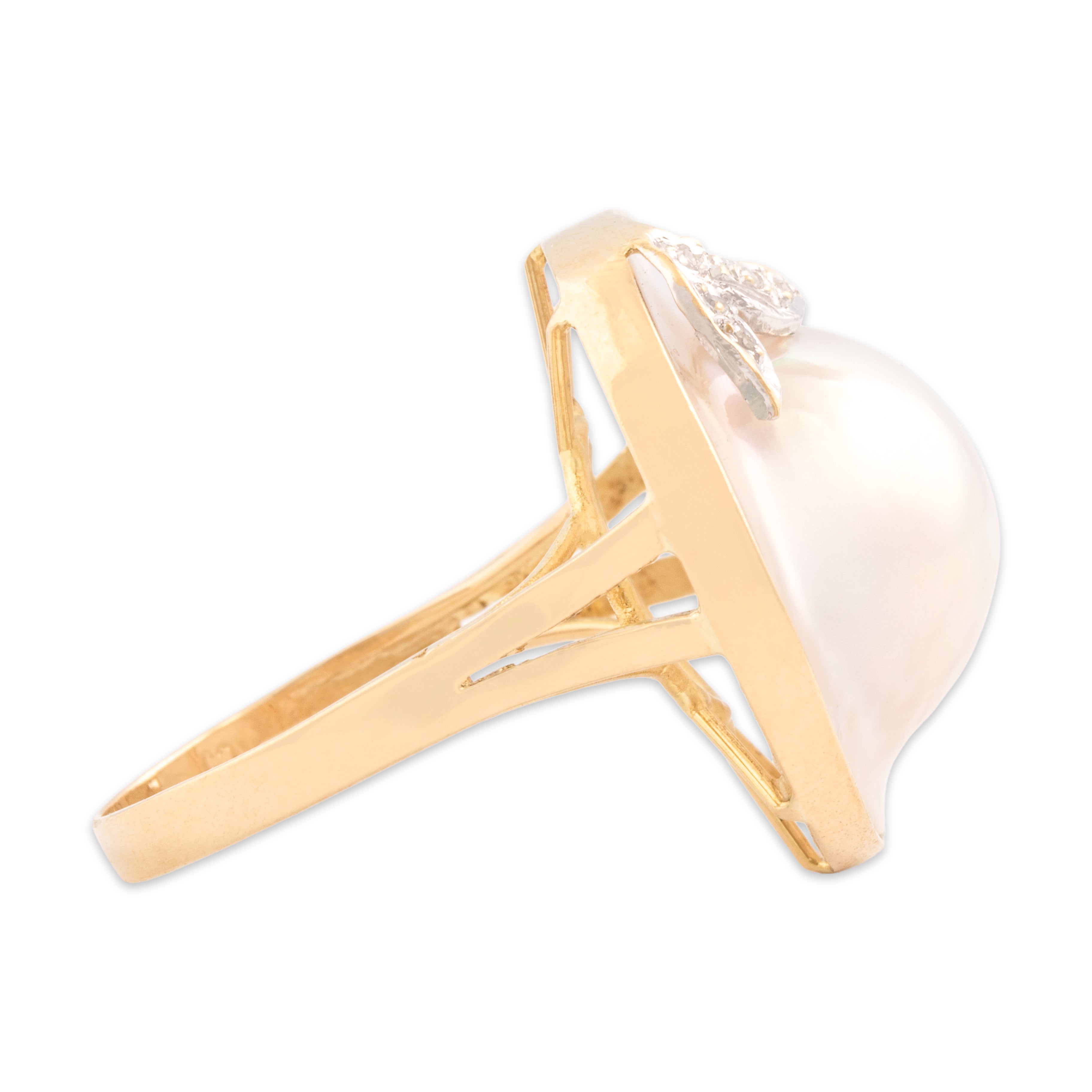 Vintage 14k Yellow & White Gold Diamond Mabe Pearl Magnificent Glowing Statement Ring - Side view