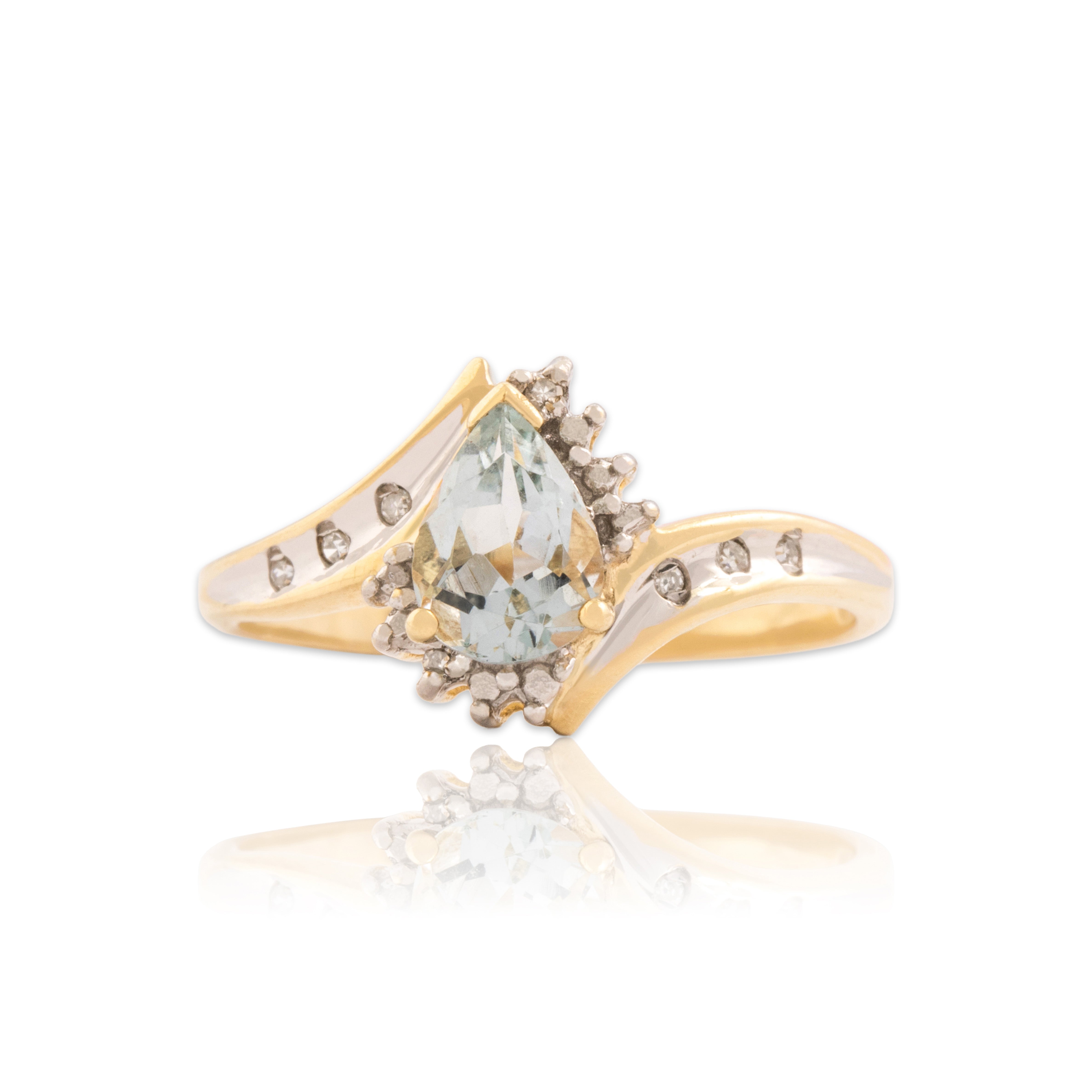 Vintage 10k White & Yellow Gold .65ct Aquamarine Diamond Pear Bypass Ring 7.00