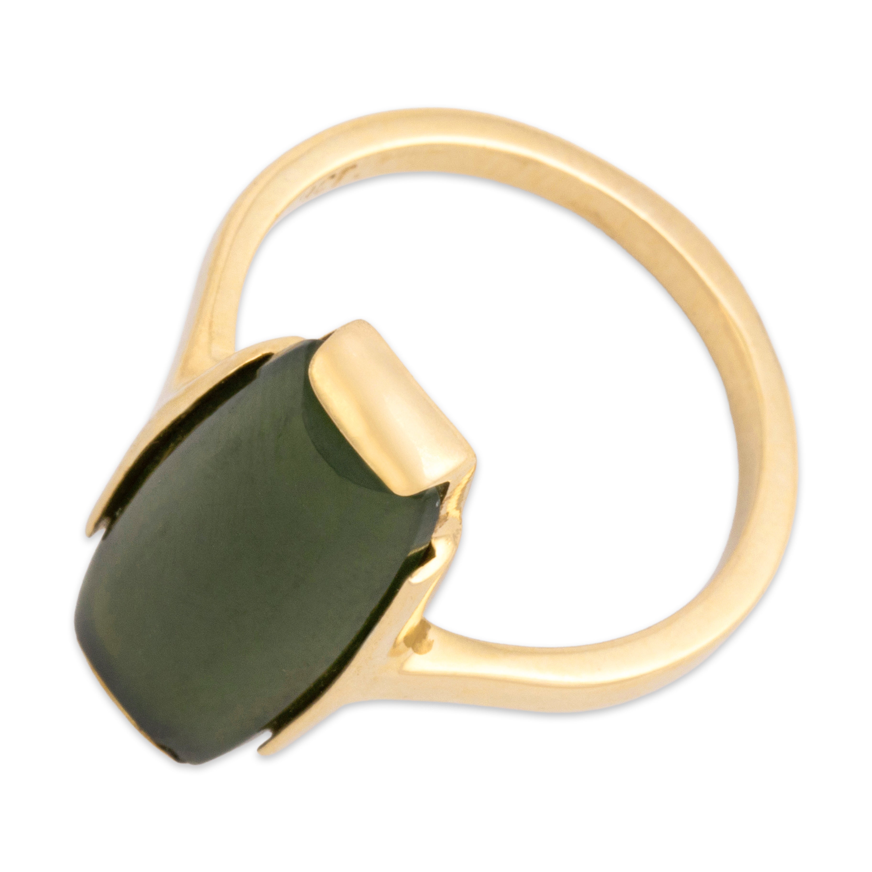 Vintage 9k Yellow Gold 3.4ct Olive Green Jade Elongated Modern Clutch Ring 5.75