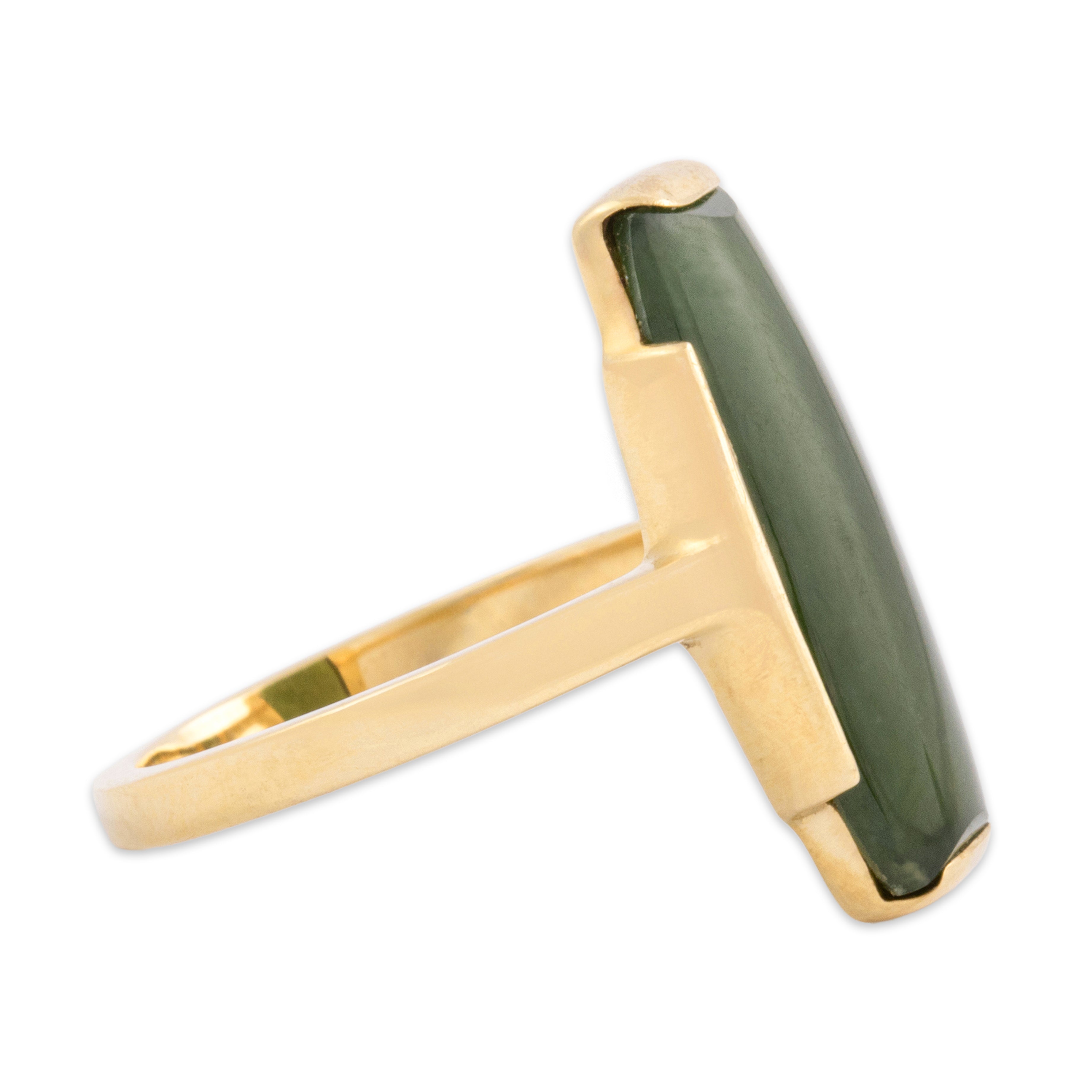 Vintage 9k Yellow Gold 3.4ct Olive Green Jade Elongated Modern Clutch Ring 5.75