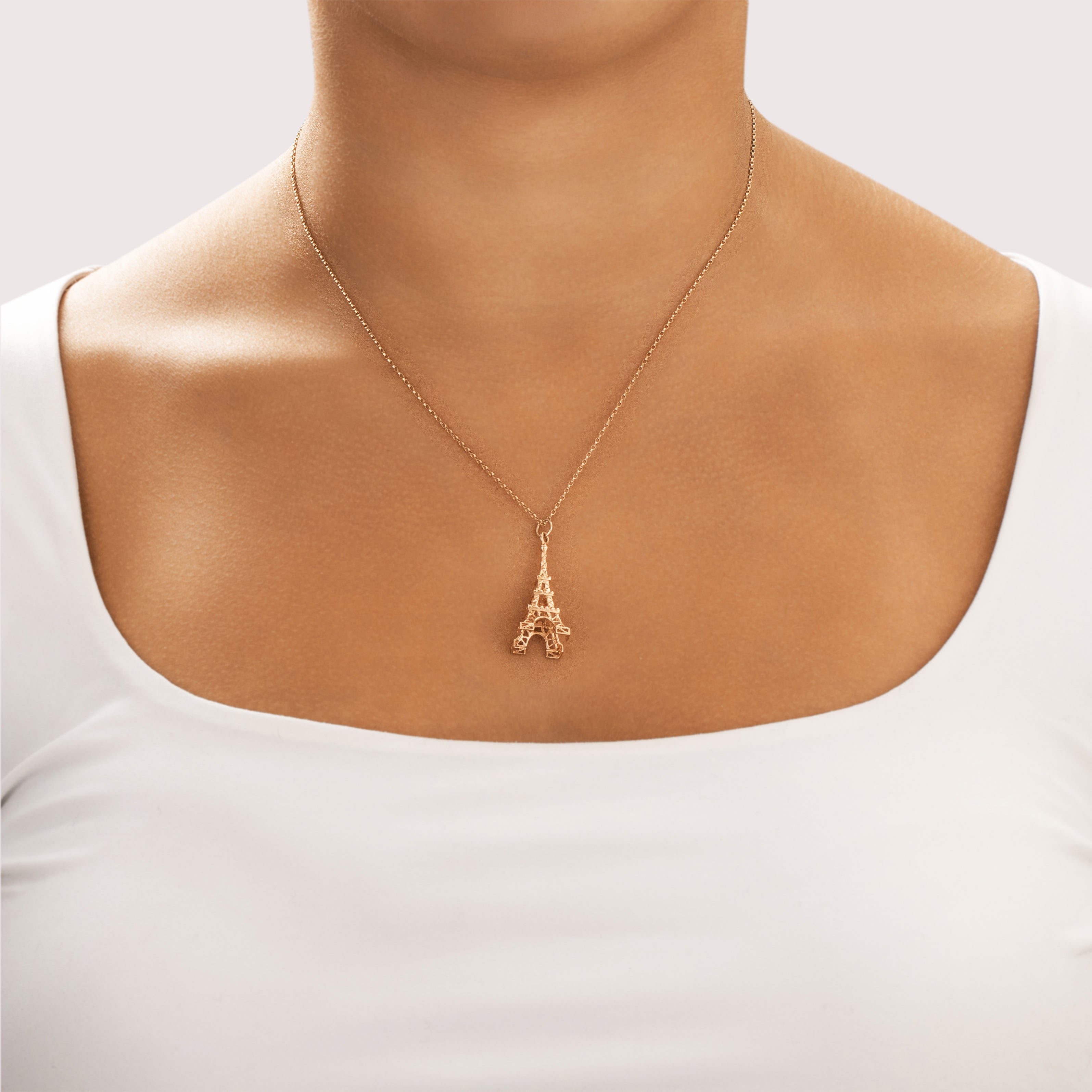 Vintage 18k Rose Gold Romantic Textured Eiffel Tower Charm / Pendant - On model view