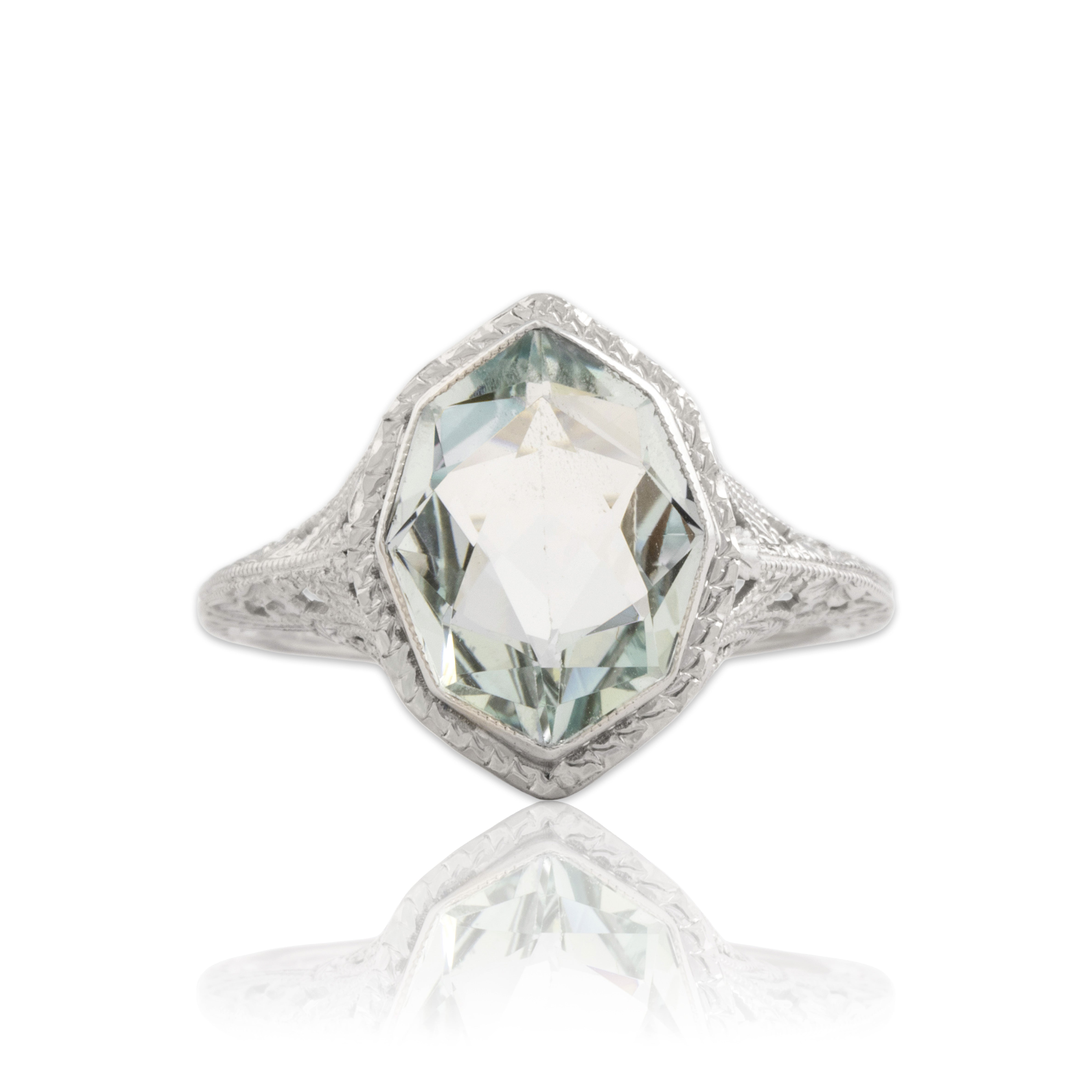 Antique Art Deco 14k White Gold 1.83ct Aquamarine Milgrain Solitaire Ring 5.75