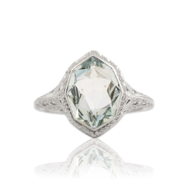 Antique Art Deco 14k White Gold 1.83ct Aquamarine Milgrain Solitaire Ring 5.75