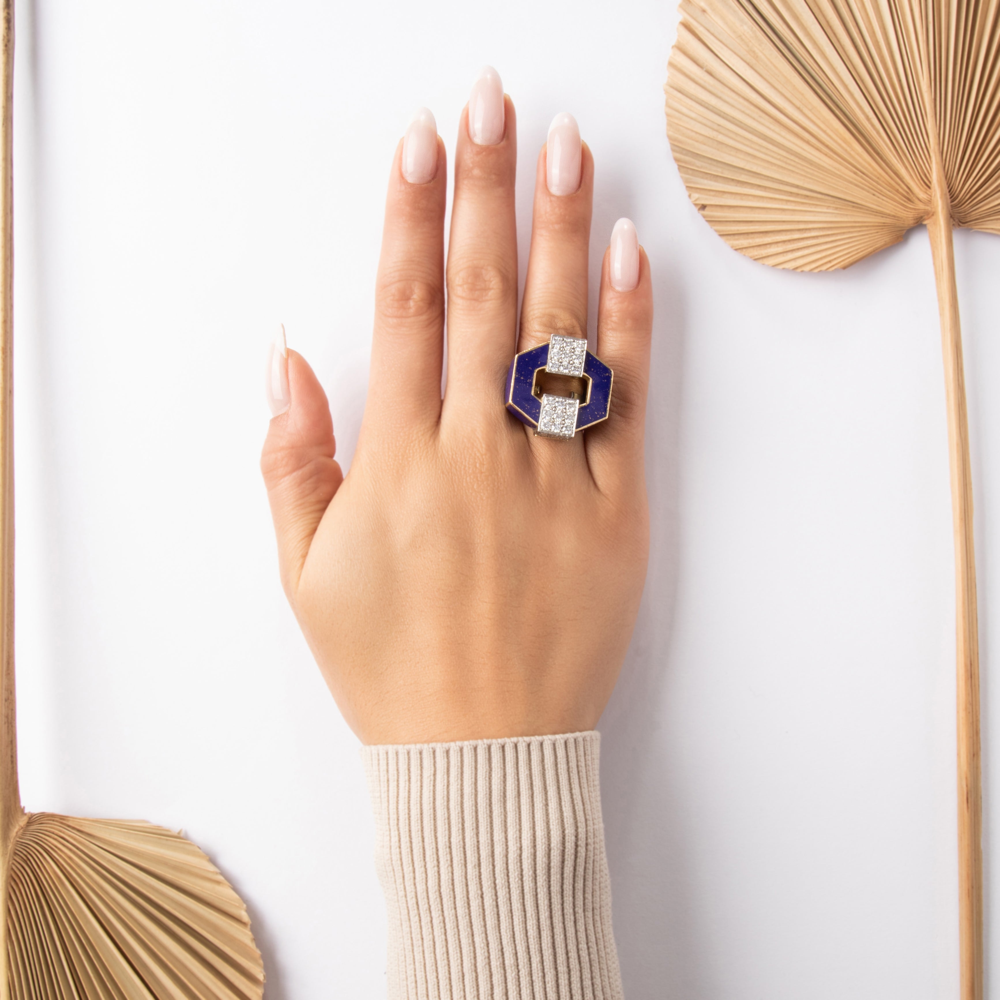 Vintage David Webb 18k Yellow Gold & Platinum 1.86cttw Diamond Open Octagonal Dazzling Speckled Enamel Cocktail Ring - On model view