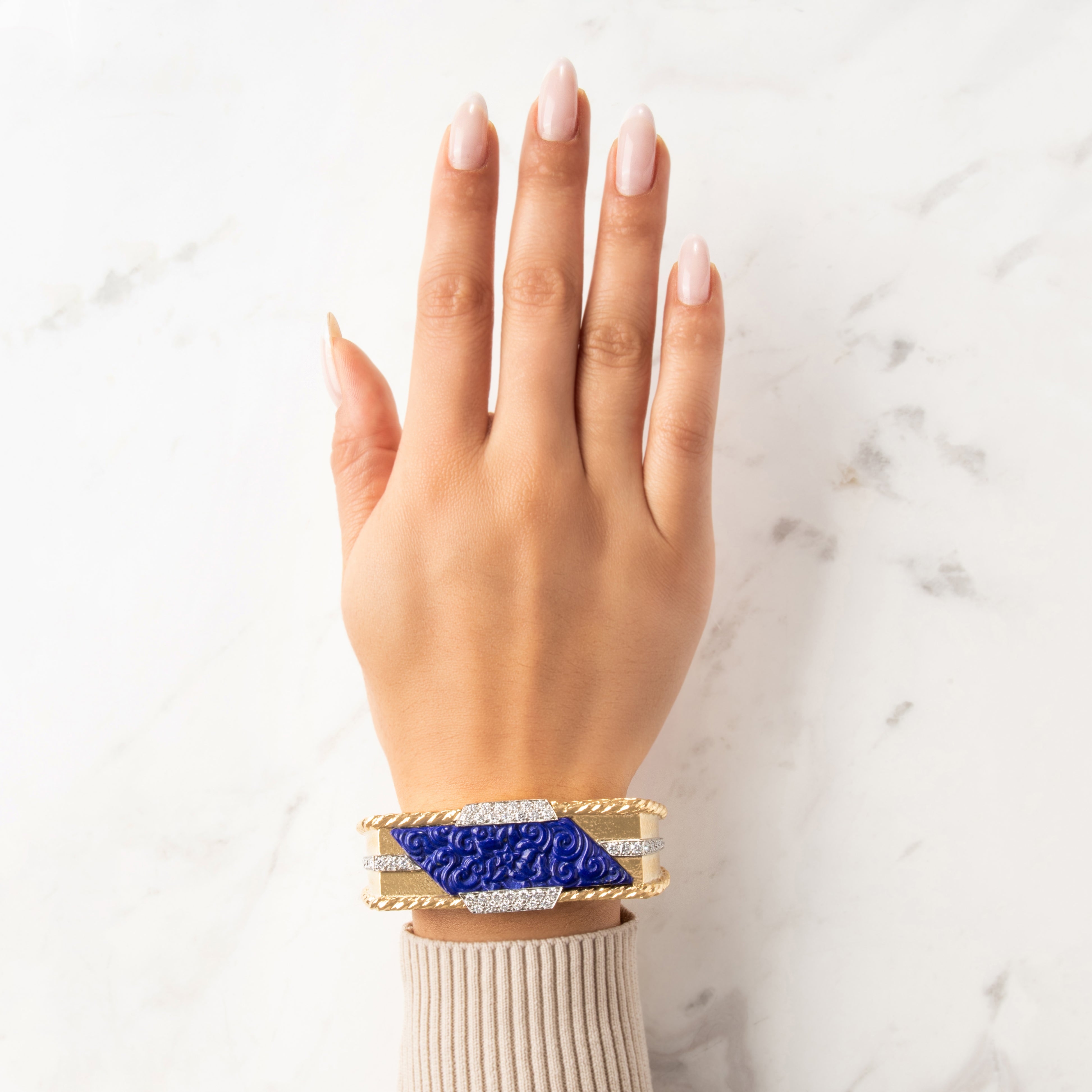 Estate Heavy 18k Yellow Gold & Platinum Lapis Lazuli 2.59cttw Diamond Incredible Hammered Carved Detail Cuff Bracelet - On model view