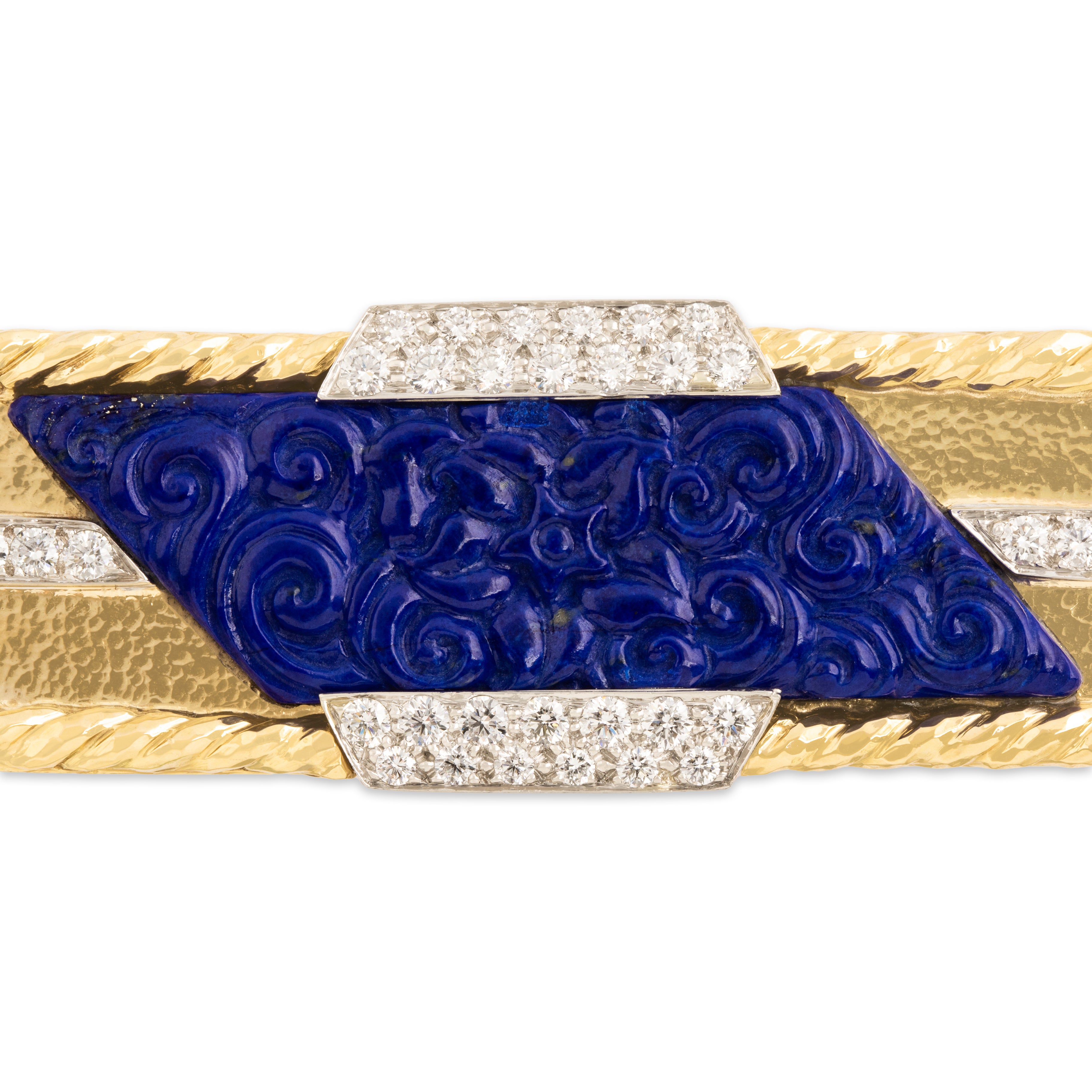 Estate Heavy 18k Yellow Gold & Platinum Lapis Lazuli 2.59cttw Diamond Incredible Hammered Carved Detail Cuff Bracelet - Close-up view