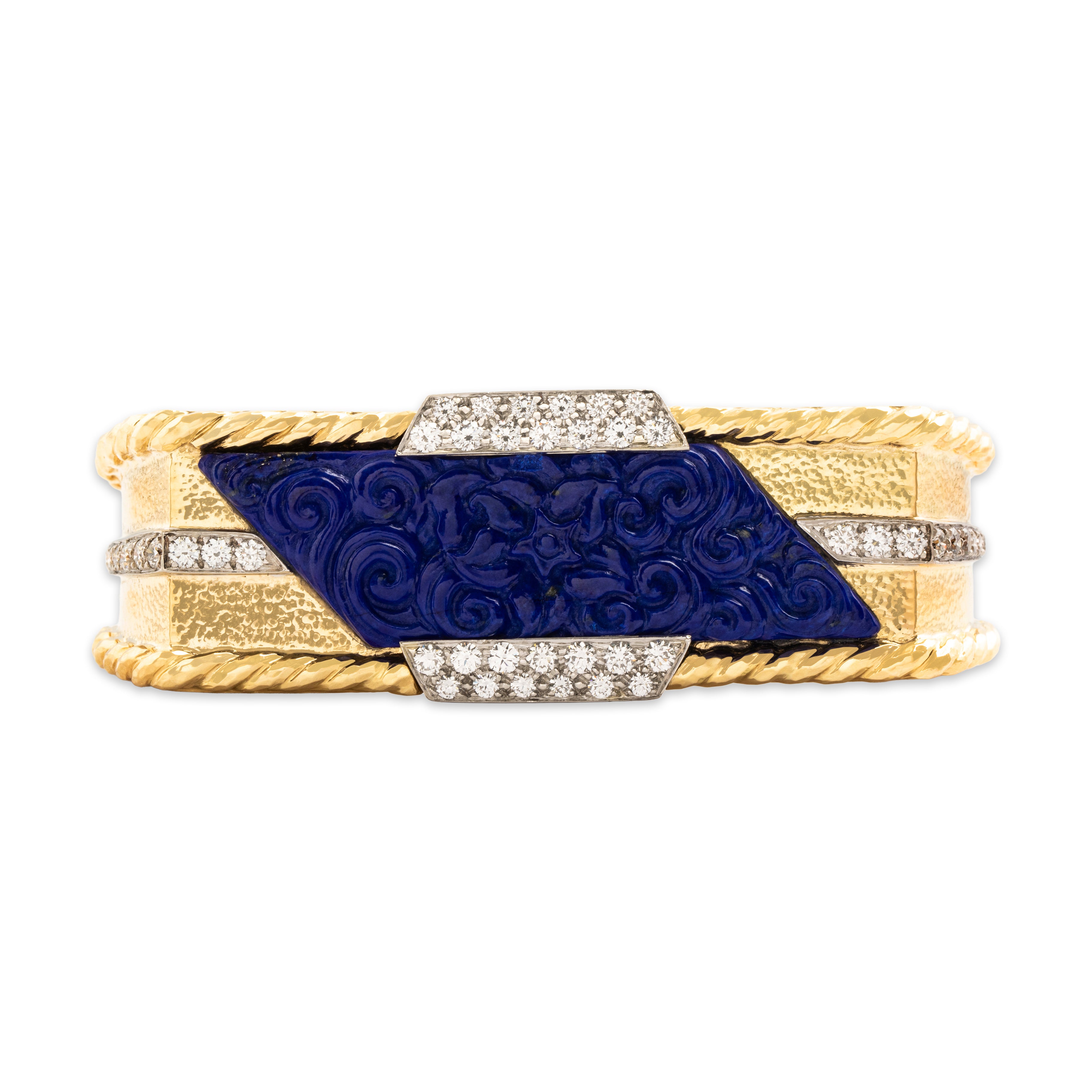 Estate Heavy 18k Yellow Gold & Platinum Lapis Lazuli 2.59cttw Diamond Incredible Hammered Carved Detail Cuff Bracelet - detail view #1