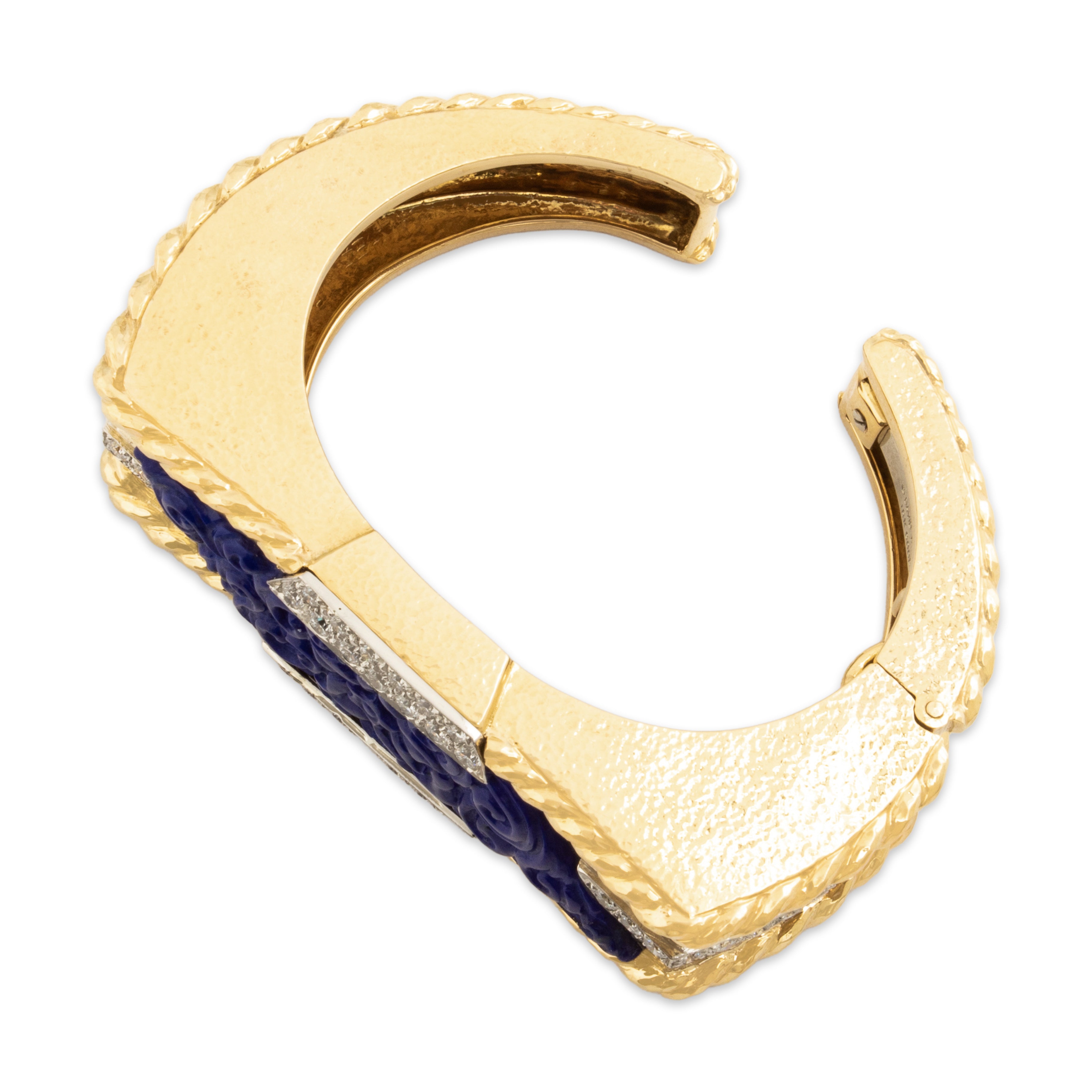 Estate Heavy 18k Yellow Gold & Platinum Lapis Lazuli 2.59cttw Diamond Incredible Hammered Carved Detail Cuff Bracelet - Overall view