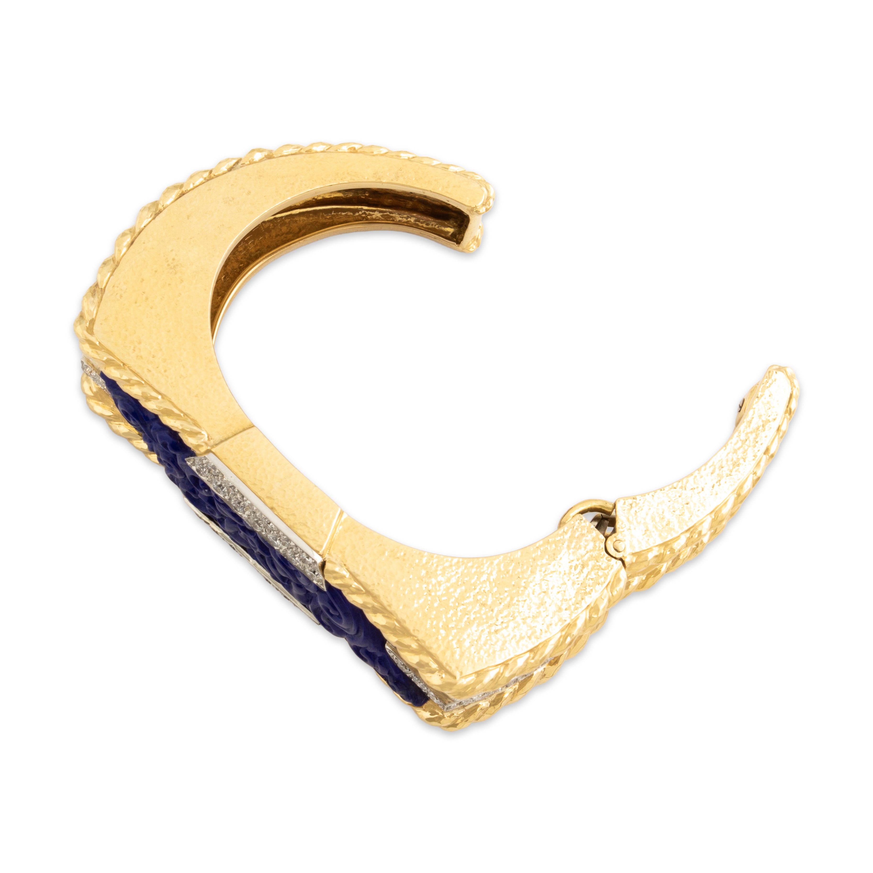 Estate Heavy 18k Yellow Gold & Platinum Lapis Lazuli 2.59cttw Diamond Incredible Hammered Carved Detail Cuff Bracelet - detail view #2