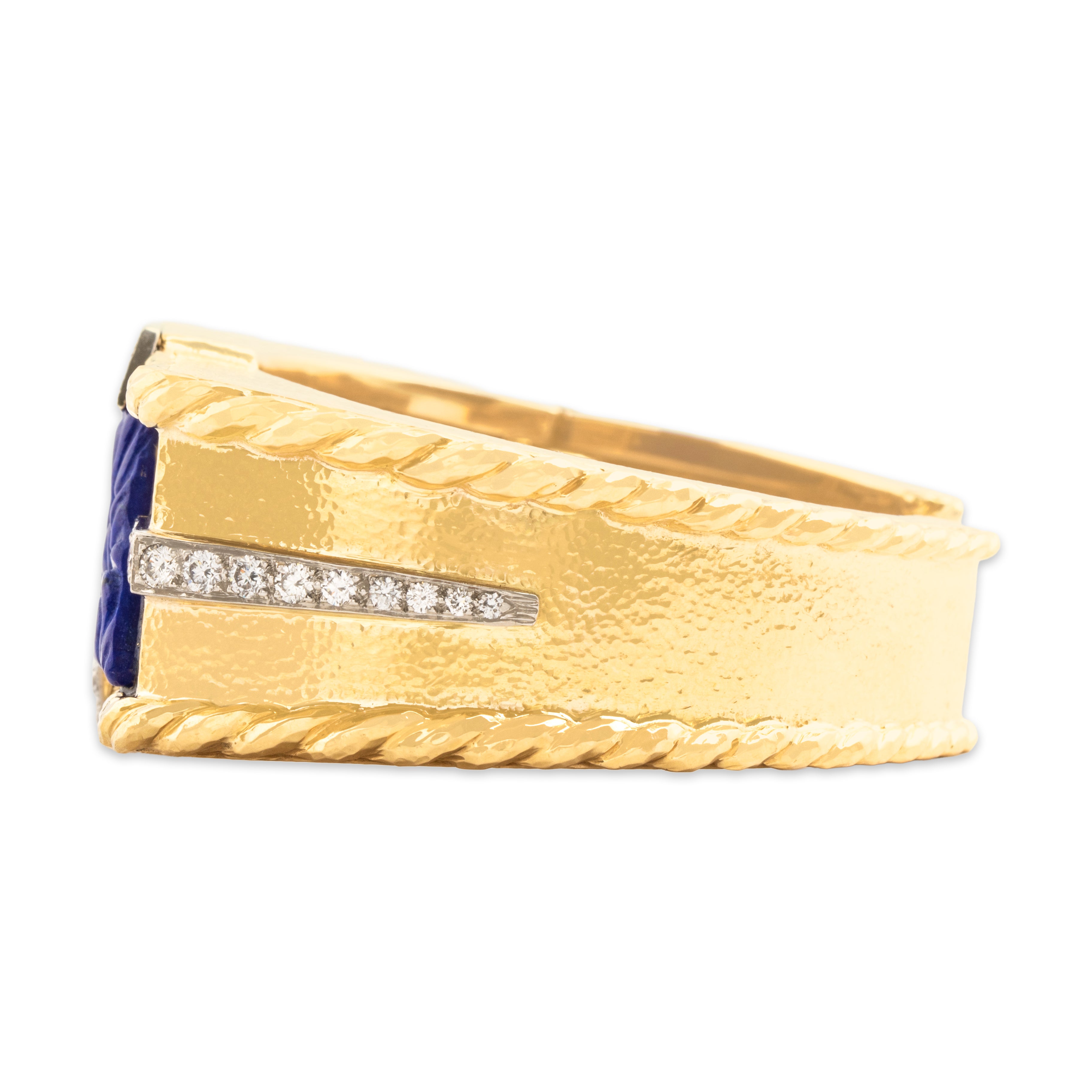 Estate Heavy 18k Yellow Gold & Platinum Lapis Lazuli 2.59cttw Diamond Incredible Hammered Carved Detail Cuff Bracelet - Side view
