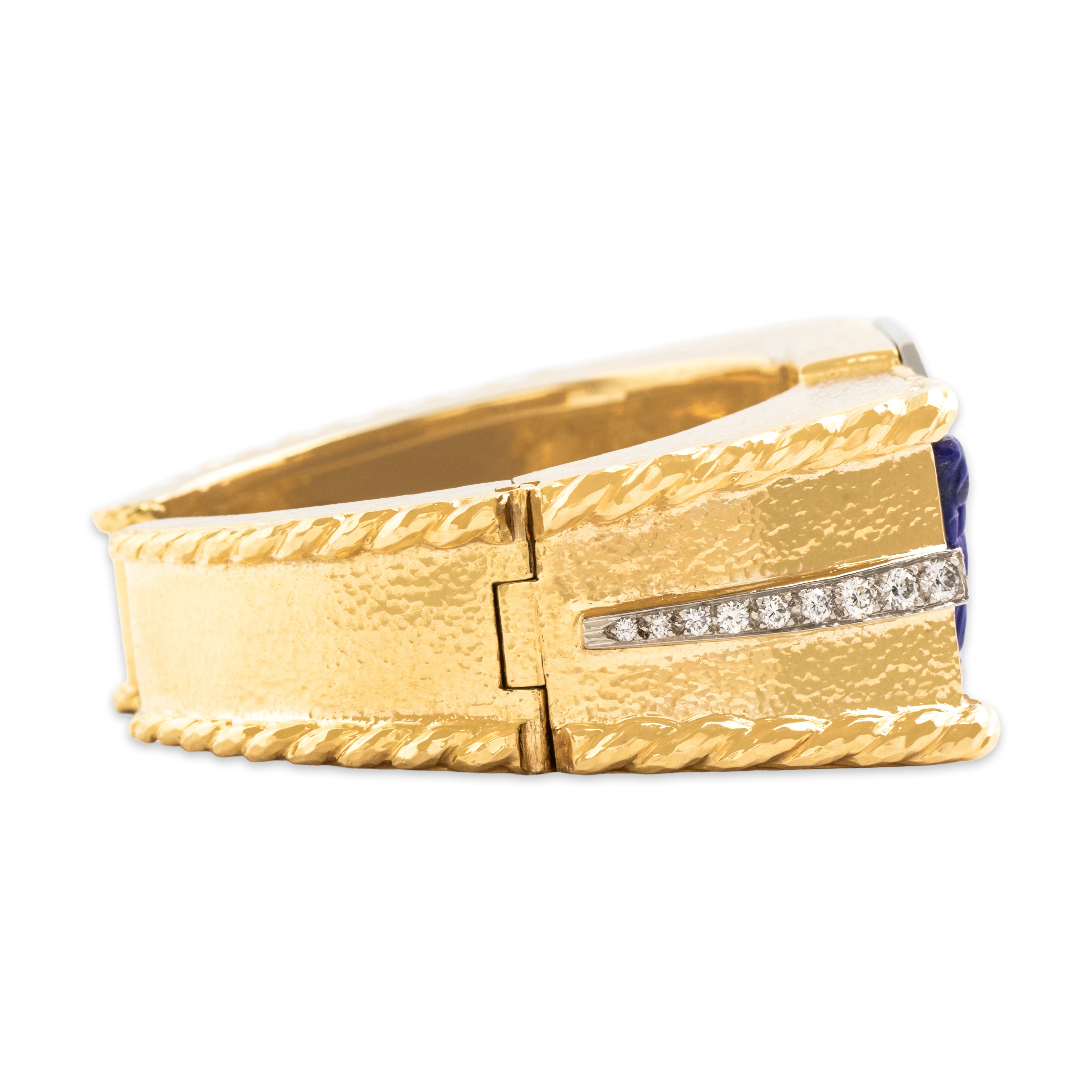 Estate Heavy 18k Yellow Gold & Platinum Lapis Lazuli 2.59cttw Diamond Incredible Hammered Carved Detail Cuff Bracelet - Side view