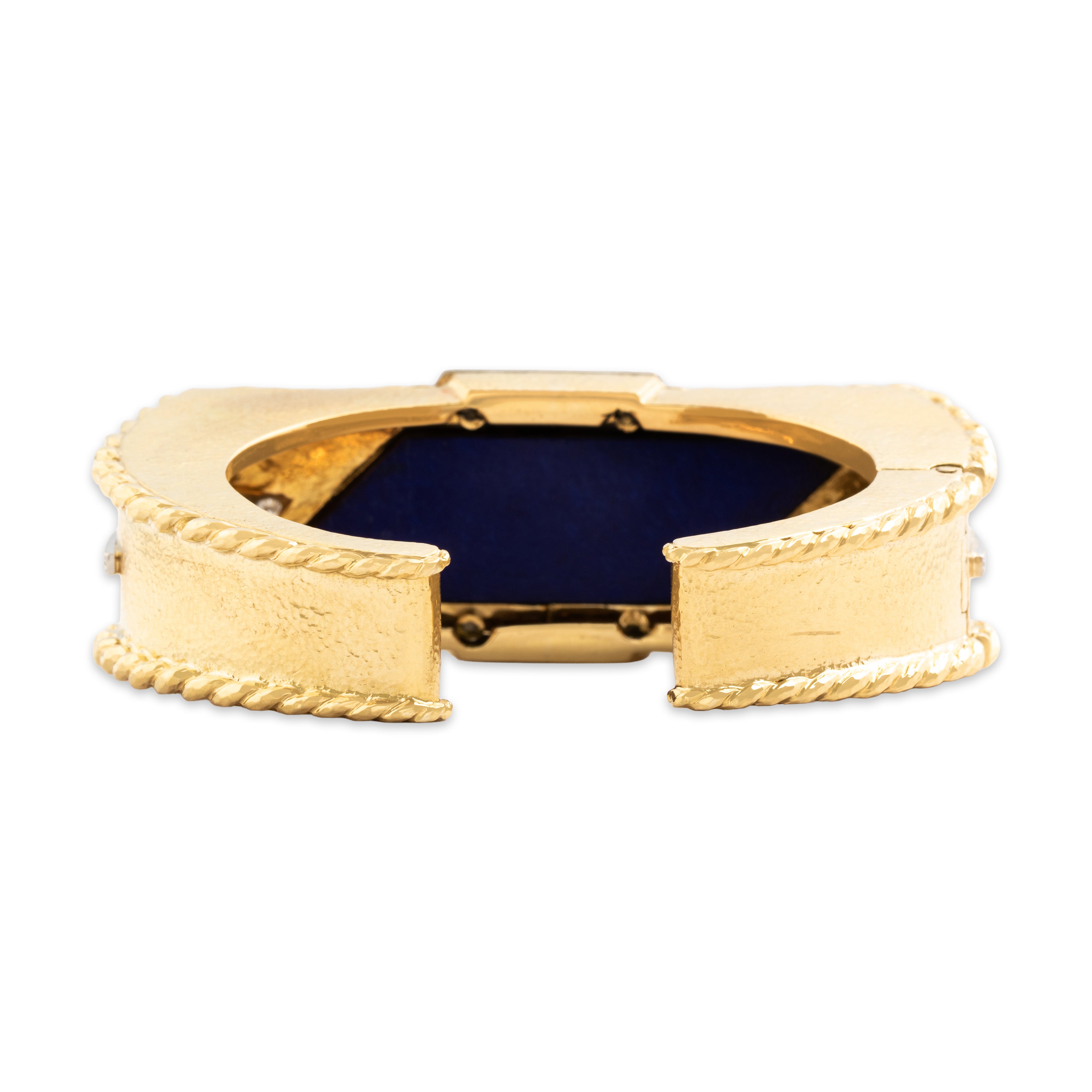 Estate Heavy 18k Yellow Gold & Platinum Lapis Lazuli 2.59cttw Diamond Incredible Hammered Carved Detail Cuff Bracelet - Back view